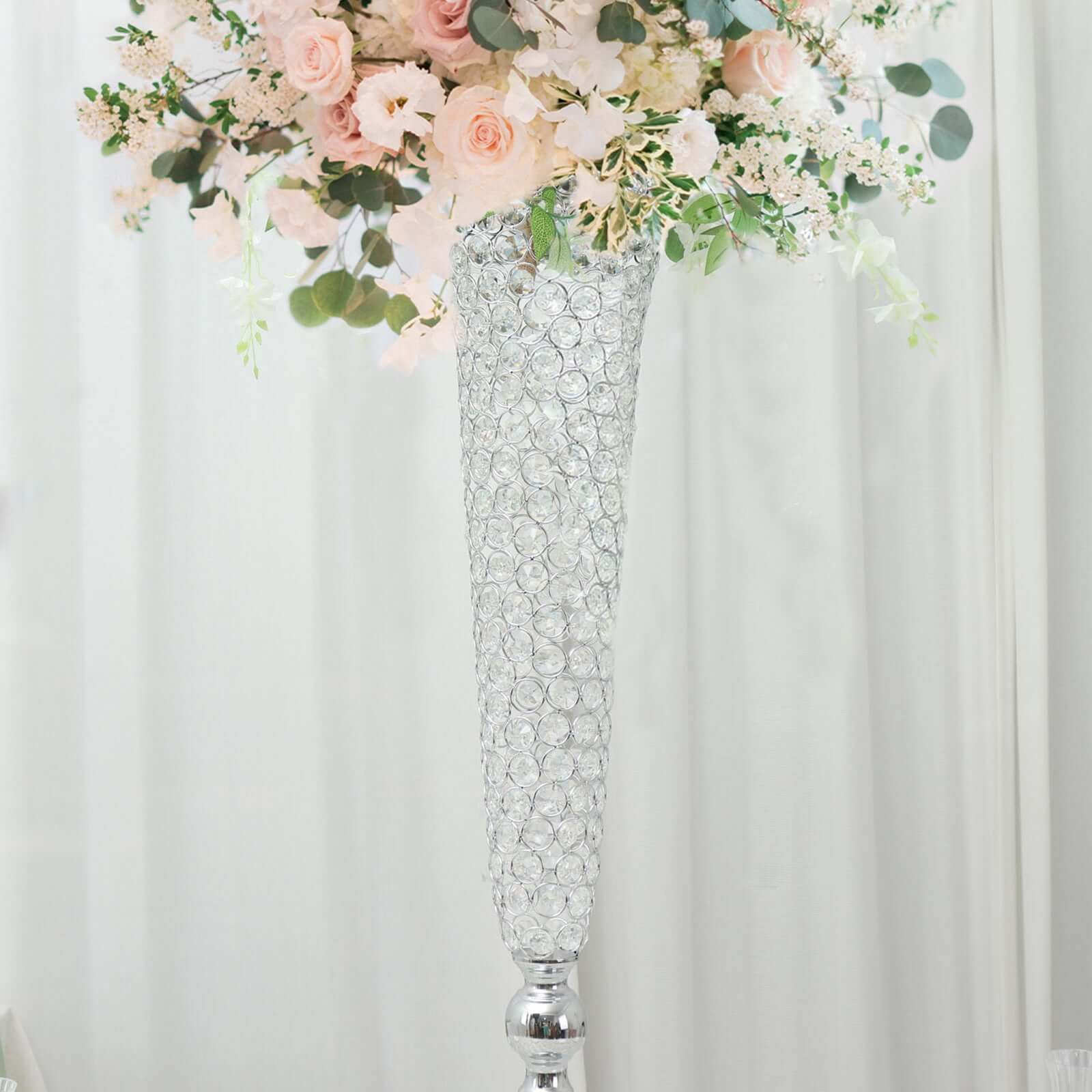 2-Pack Crystal Beaded Trumpet Vase Set Silver - Table Centerpiece for Grand Occasions 40