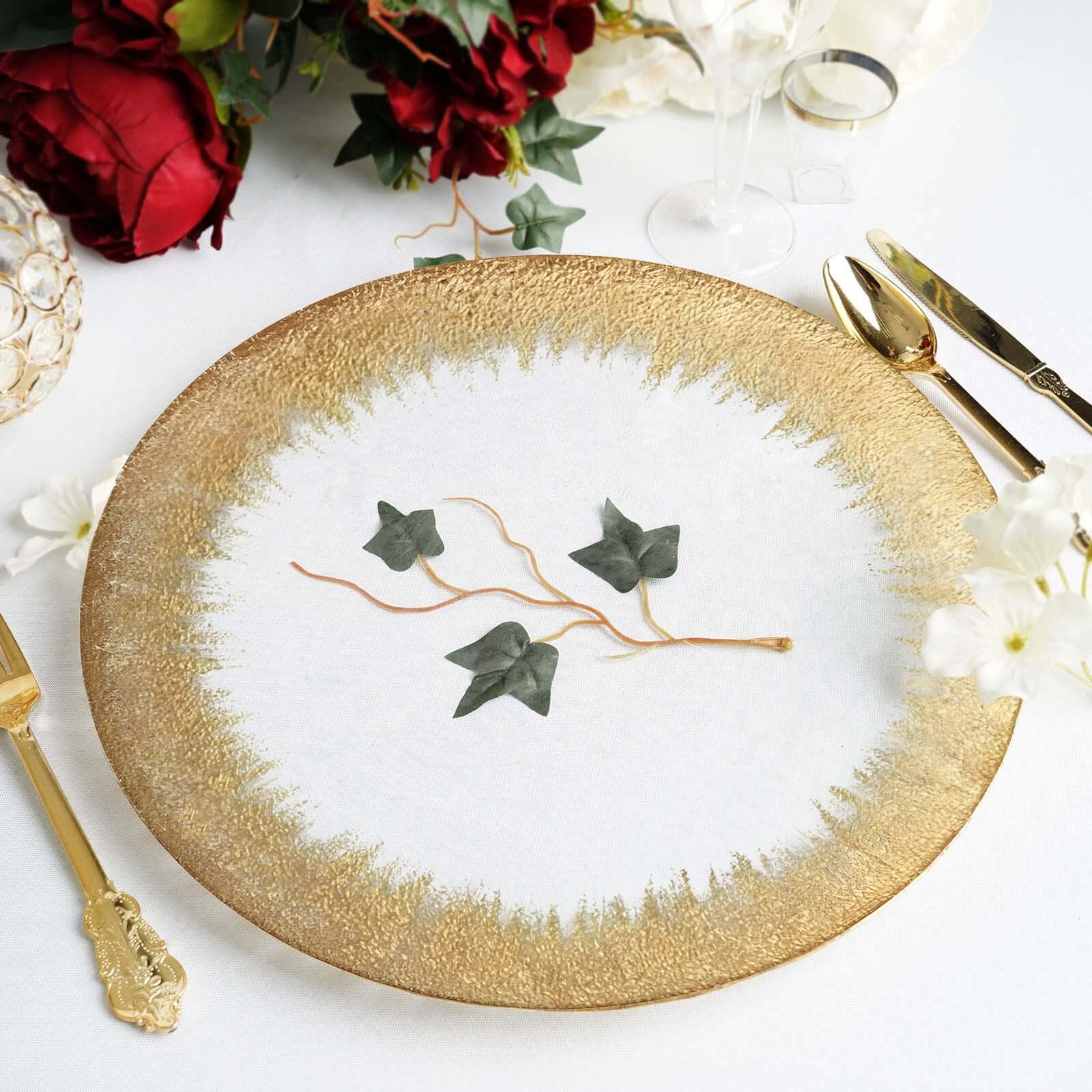 8-Pack Glass Round Charger Plates 13 in Clear with Metallic Gold Spray Rim, Decorative Dinner Charger Tableware