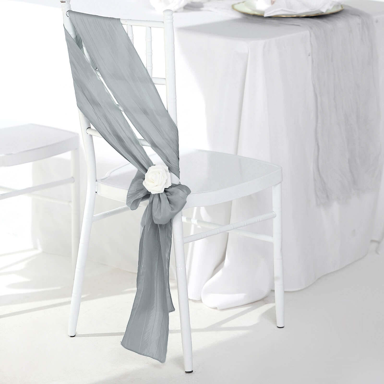 5 Pack Taffeta 6x106 Chair Sashes Silver Accordion Crinkle Texture - Stylish Decor for Weddings & Gatherings