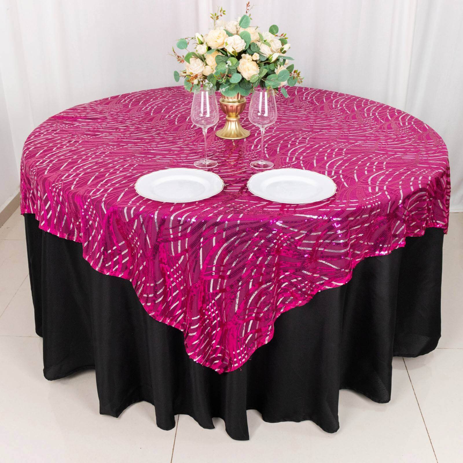 Mesh 72x72 Table Overlay Square Tablecloth Fuchsia Silver - Wave Embroidered Sequins Table Topper