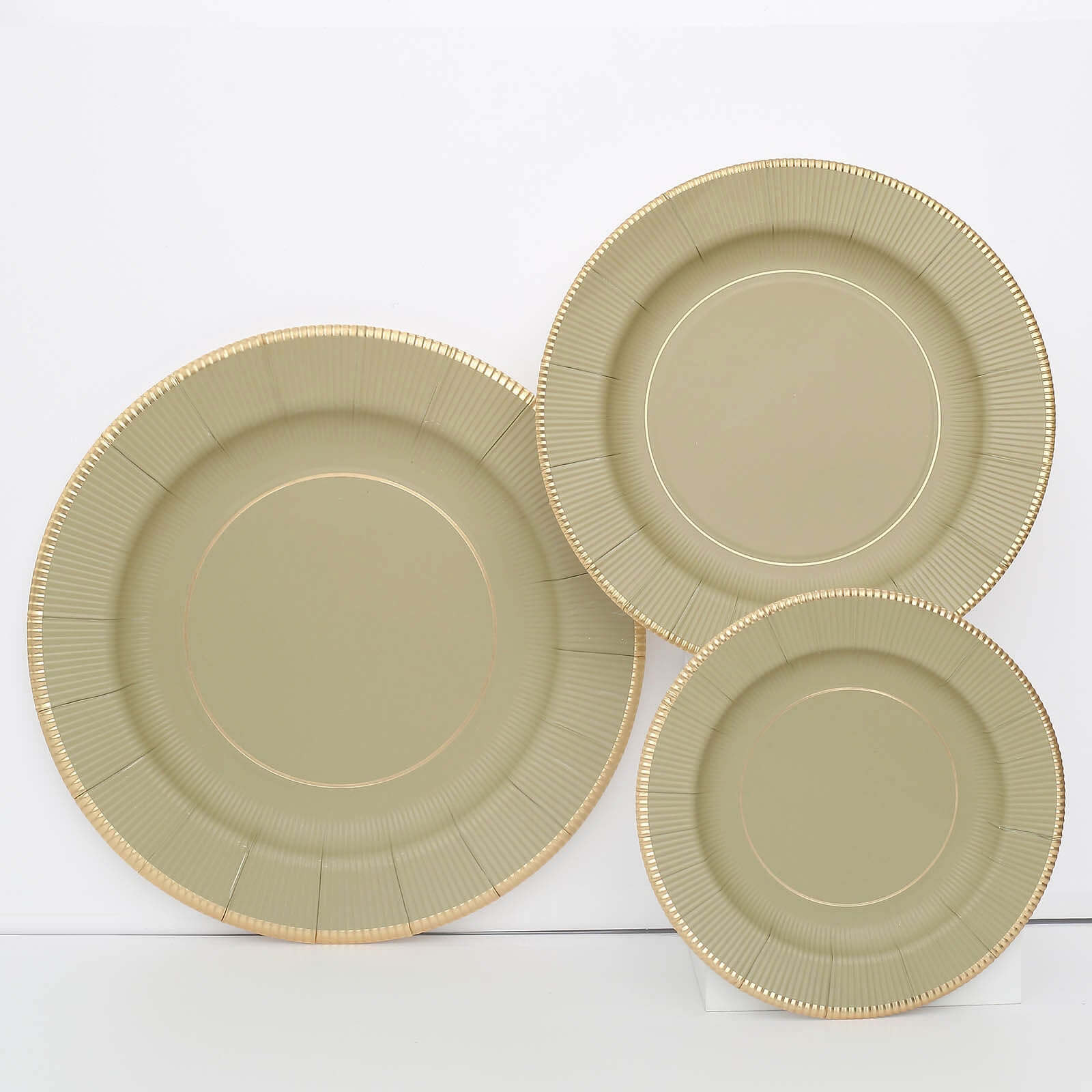 25-Pack Paper 8 Round Dessert Plates in Khaki Sunray Design with Gold Rim - Disposable Heavy Duty 350GSM Appetizer Salad Plates