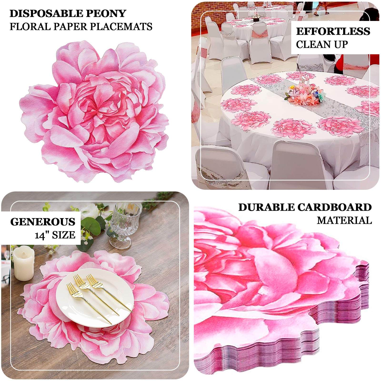 10-Pack Disposable Table Placemats with Pink Peony Flower Print - 400GSM Floral Cardboard Placemats for Dinner Parties & Gatherings 14