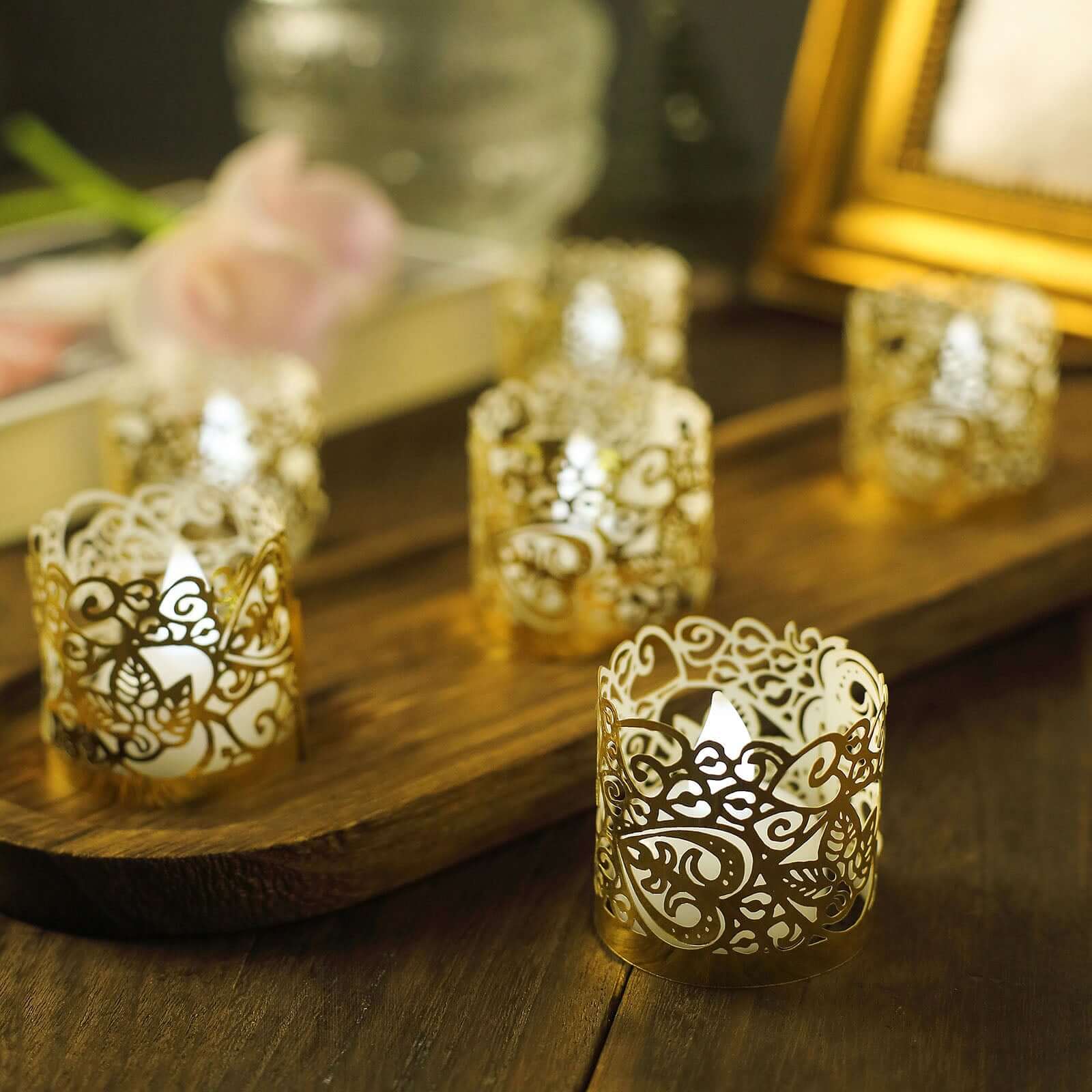 20-Pack Paper Candle Holder Wraps Floral Lace Design Gold Foil - Votive Tealight Decorative Wraps