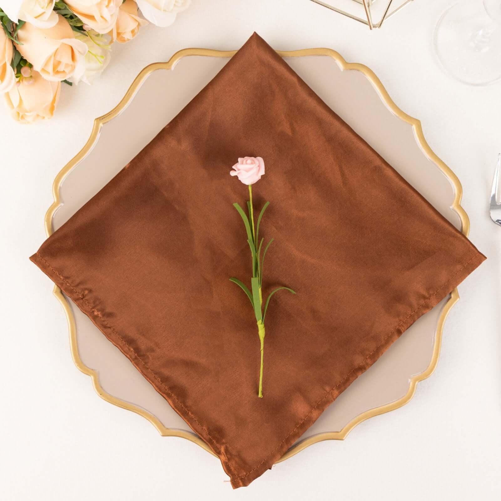 5 Pack Satin 20x20 Napkins Cinnamon Brown - Luxurious Shine & Smooth Dinner Napkins