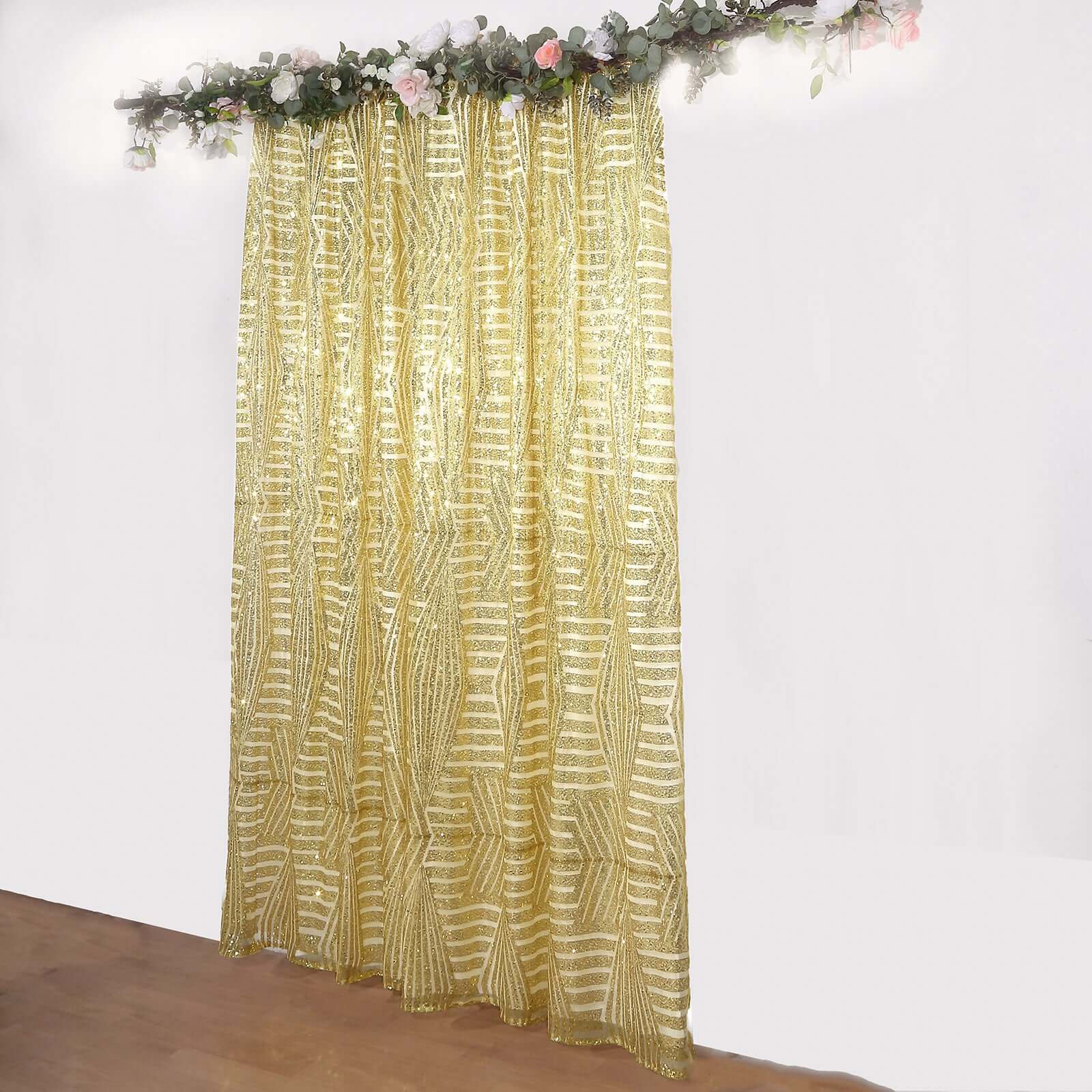 8ftx8ft Gold Geometric Sequin Event Curtain Drapes with Satin Backing, Seamless Opaque Sparkly Backdrop Event Panel in Diamond Glitz Pattern