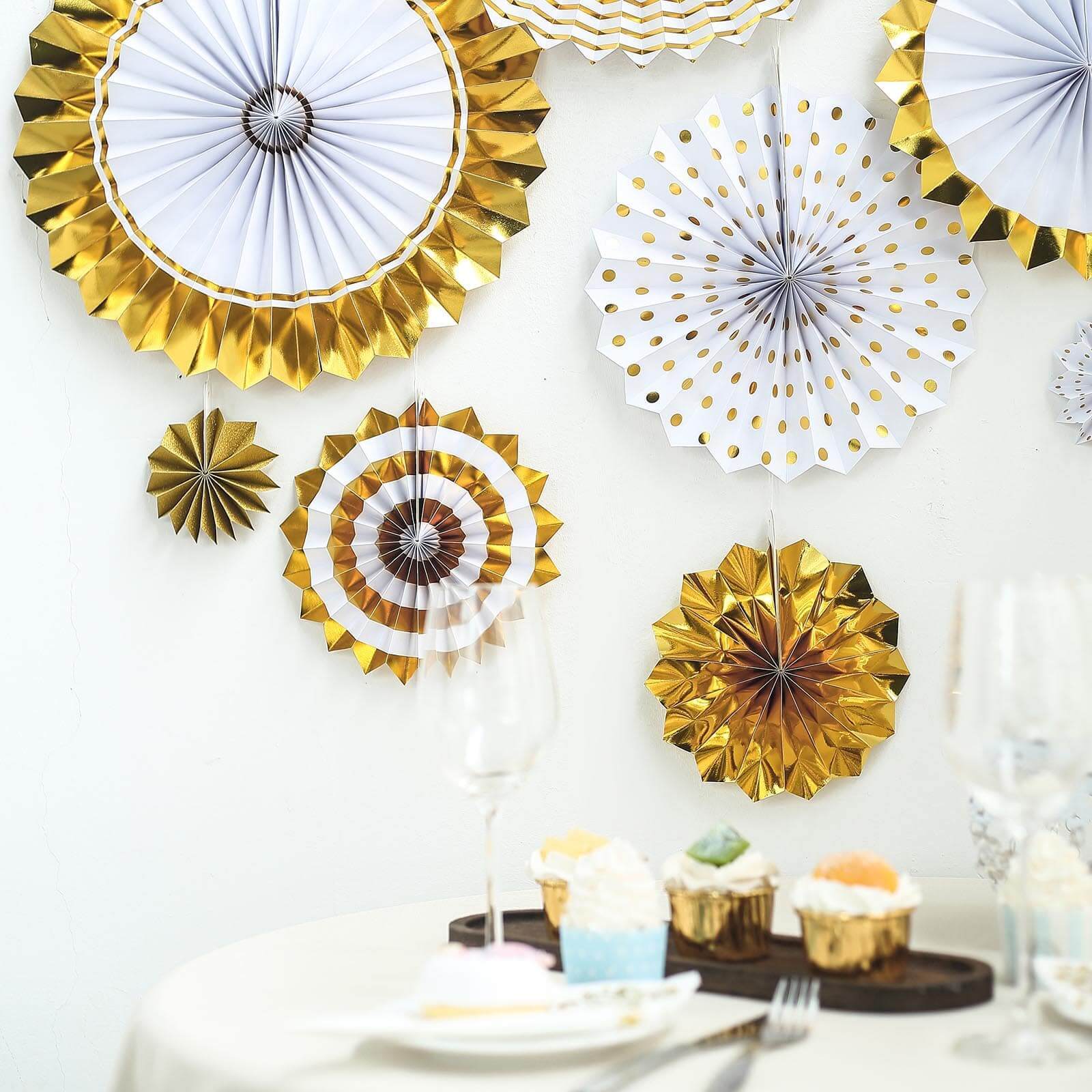 Set of 8 Gold White Hanging Paper Fan Decorations, Pinwheel Wall Backdrop Party Kit - 4, 8, 12, 16