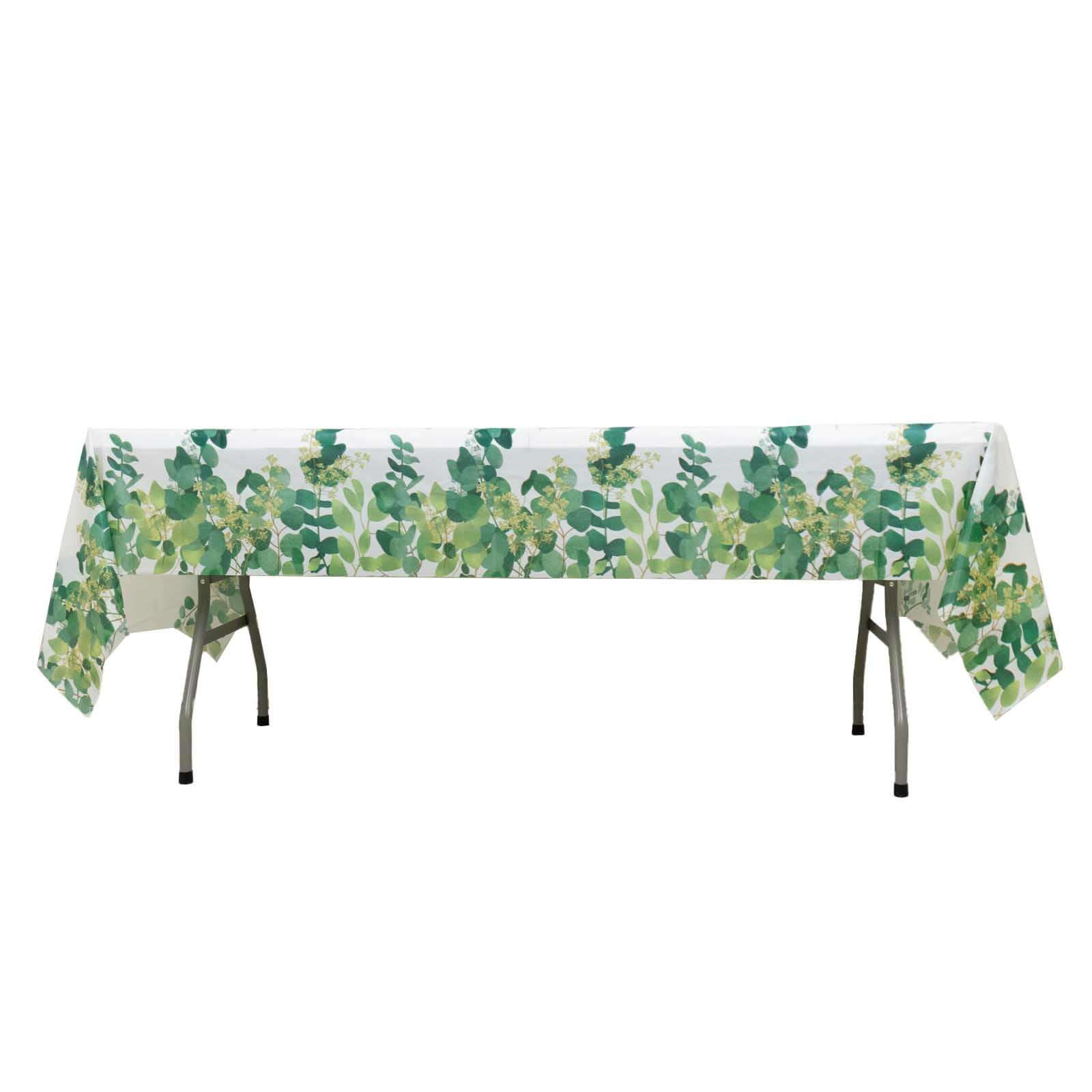 5-Pack Plastic Table Covers White/Green Rectangle with Eucalyptus Leaves Print - Decorative PVC Disposable Tablecloths 54x108