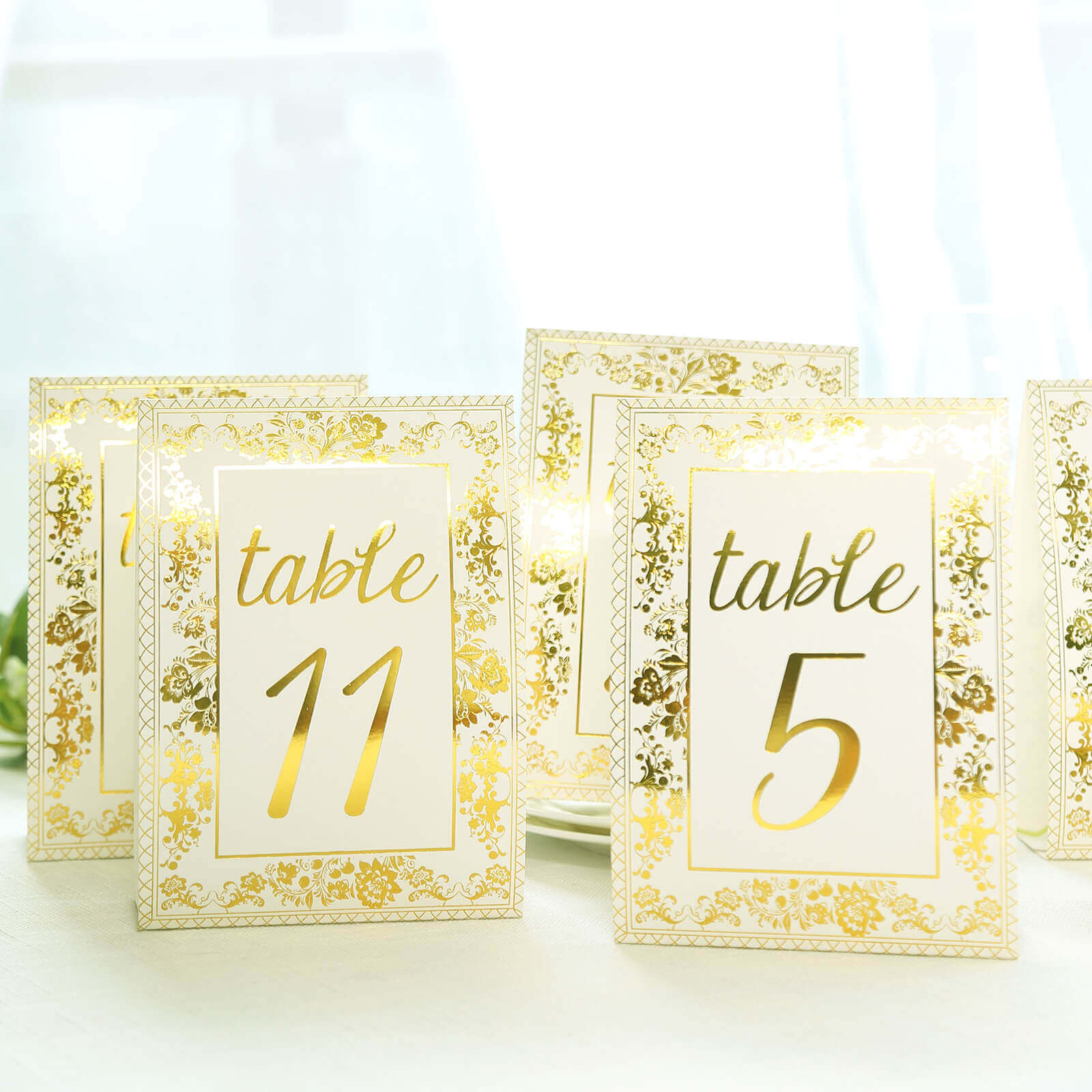 25-Pack Paper Wedding Table Numbers 1-25 White/Metallic Gold French Toile Design - Free Standing Double Sided Table Signs with Glam Gold Foil Numbers 7