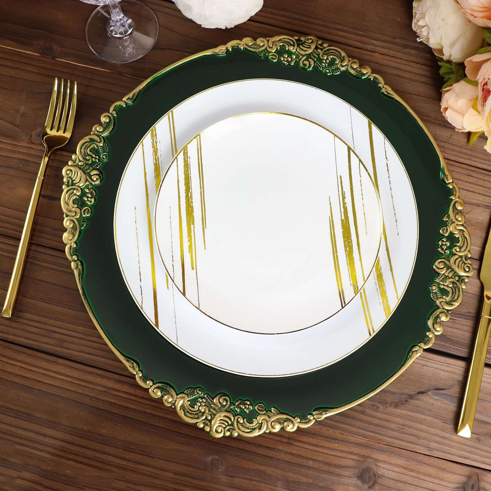 6-Pack Acrylic Round Charger Plates 13 in Hunter Emerald Green with Gold Embossed Baroque Rim, Antique Decorative Dinner Party Charger Tableware