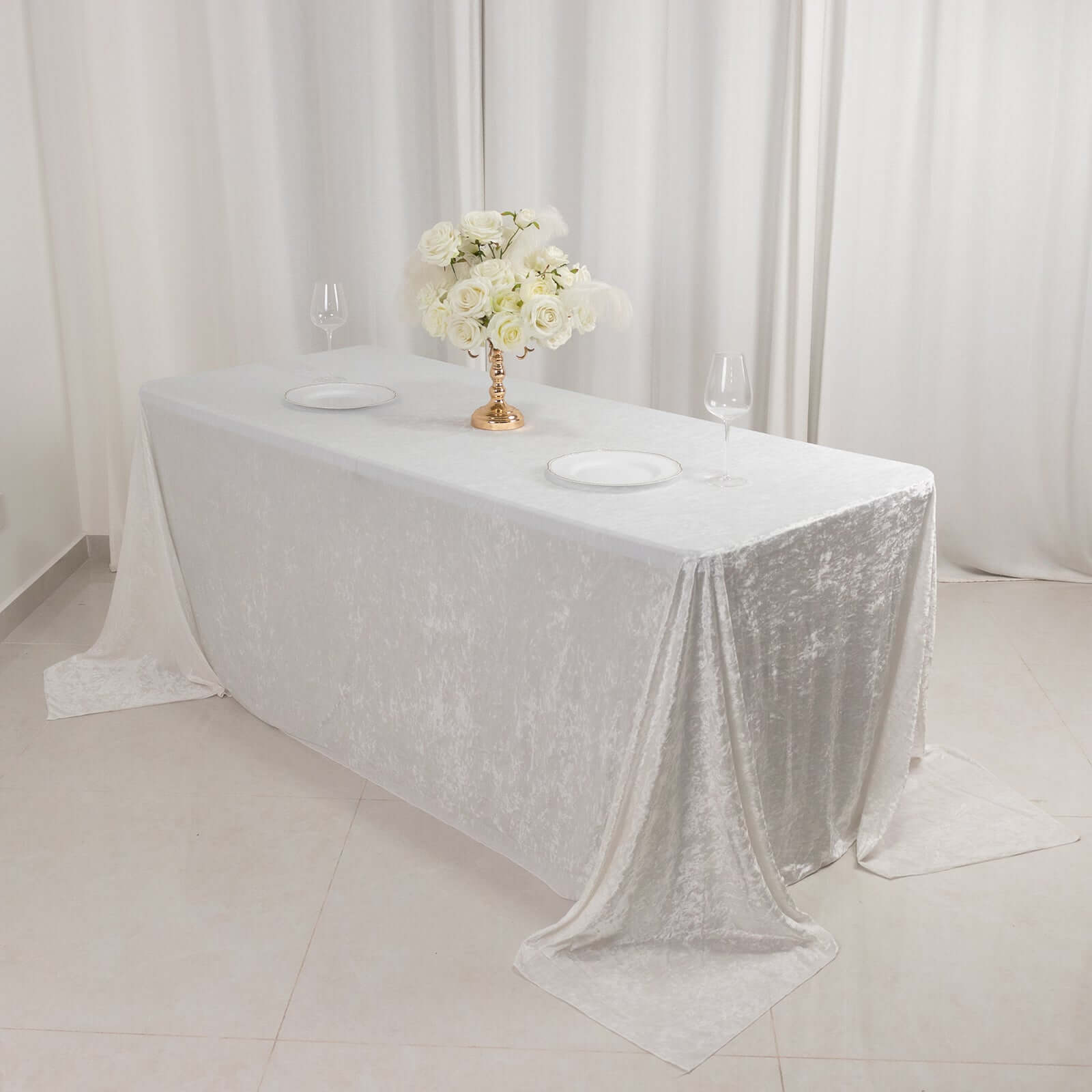 Premium Crushed Velvet 90x132 Rectangle Tablecloth White - Reusable Soft & Graceful Seamless Table Cover