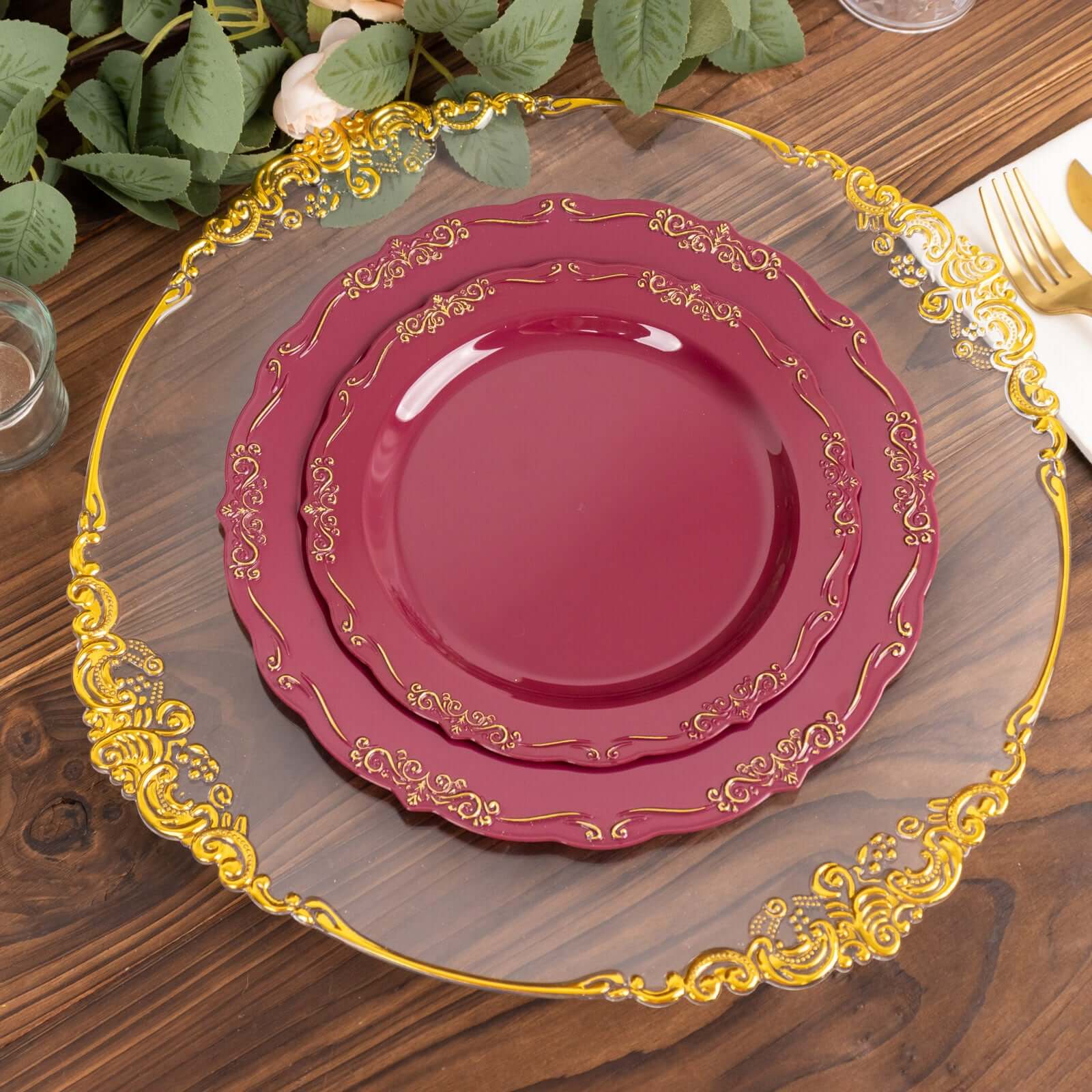 10-Pack Plastic 7 Round Dessert Plates in Burgundy with Gold Vintage Embossed Rim - Sturdy Disposable Scalloped Edge Salad Plates