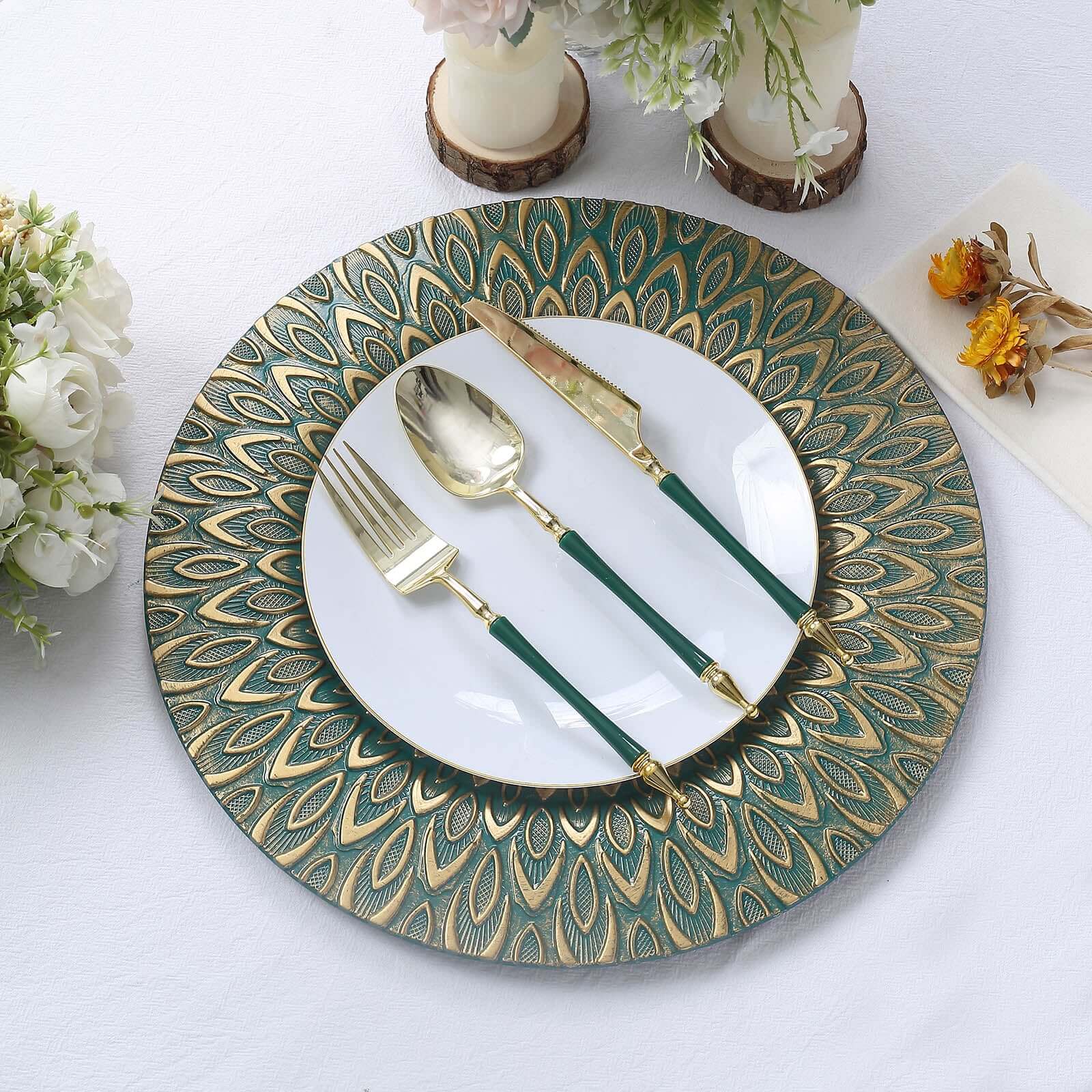 6-Pack Plastic Round Charger Plates 13 in Teal with Gold Embossed Peacock Pattern, Stylish Disposable Charger Tableware