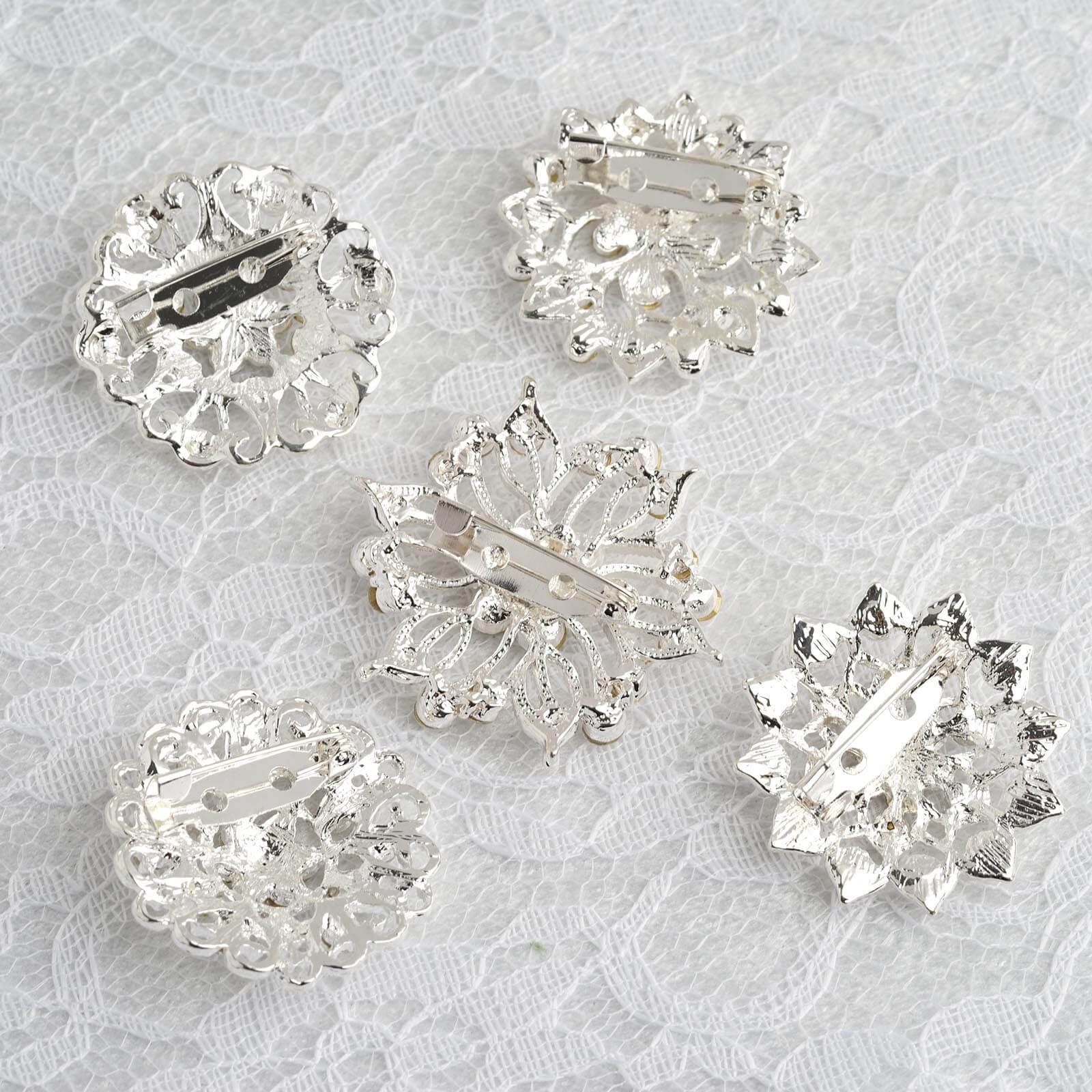 5 Pack Rhinestone Brooches Silver Plated with Mandala Crystal - Lustrous Floral Pins for Wedding Bouquets & Events