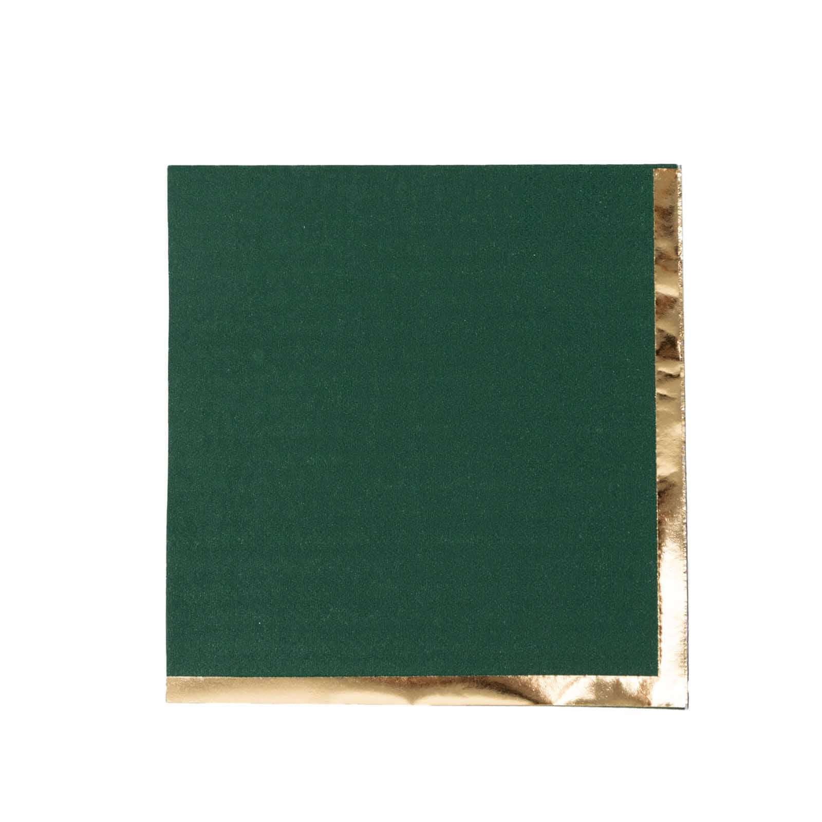 50-Pack Paper Beverage Napkins Hunter Emerald Green with Gold Foil Edge - 2 Ply Disposable Soft 18GSM Cocktail Napkins 5x5