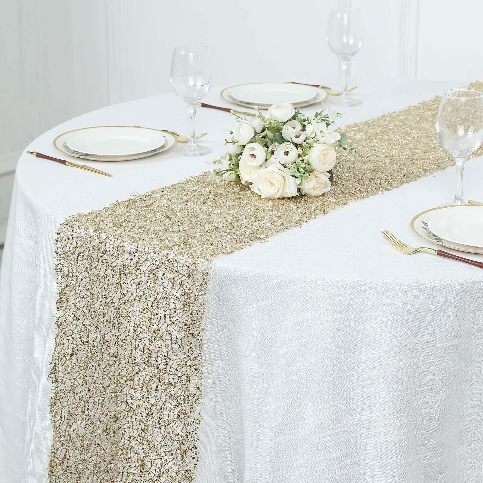 Mesh 12x108 Table Runner Gold - Sequin Schiffli Lace Design for Stylish Celebrations