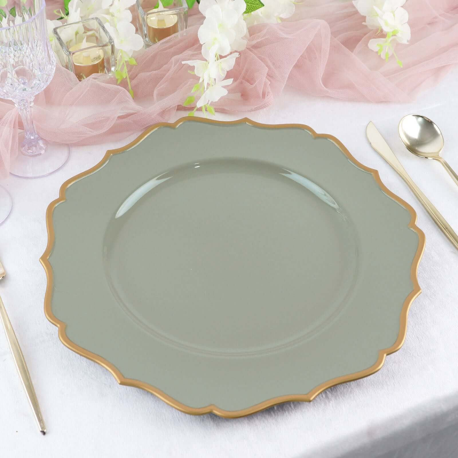 6-Pack Acrylic Round Charger Plates 13 in Dusty Sage Green with Gold Scalloped Rim, Decorative Dinner Party Plastic Charger Tableware