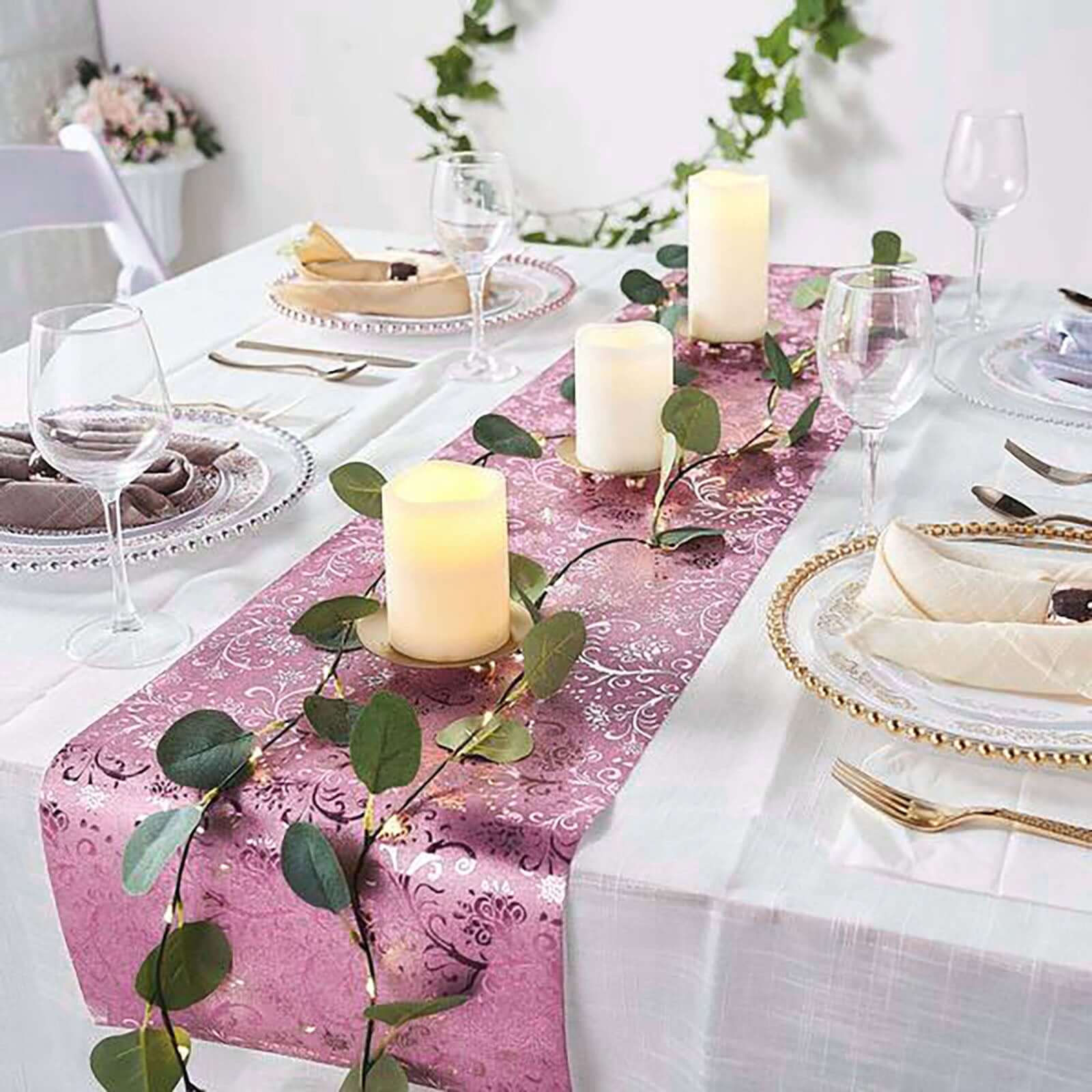 Glitter Paper 9ft Table Runner Roll Rose Gold Disposable Vintage Floral Vine Pattern Table Decor