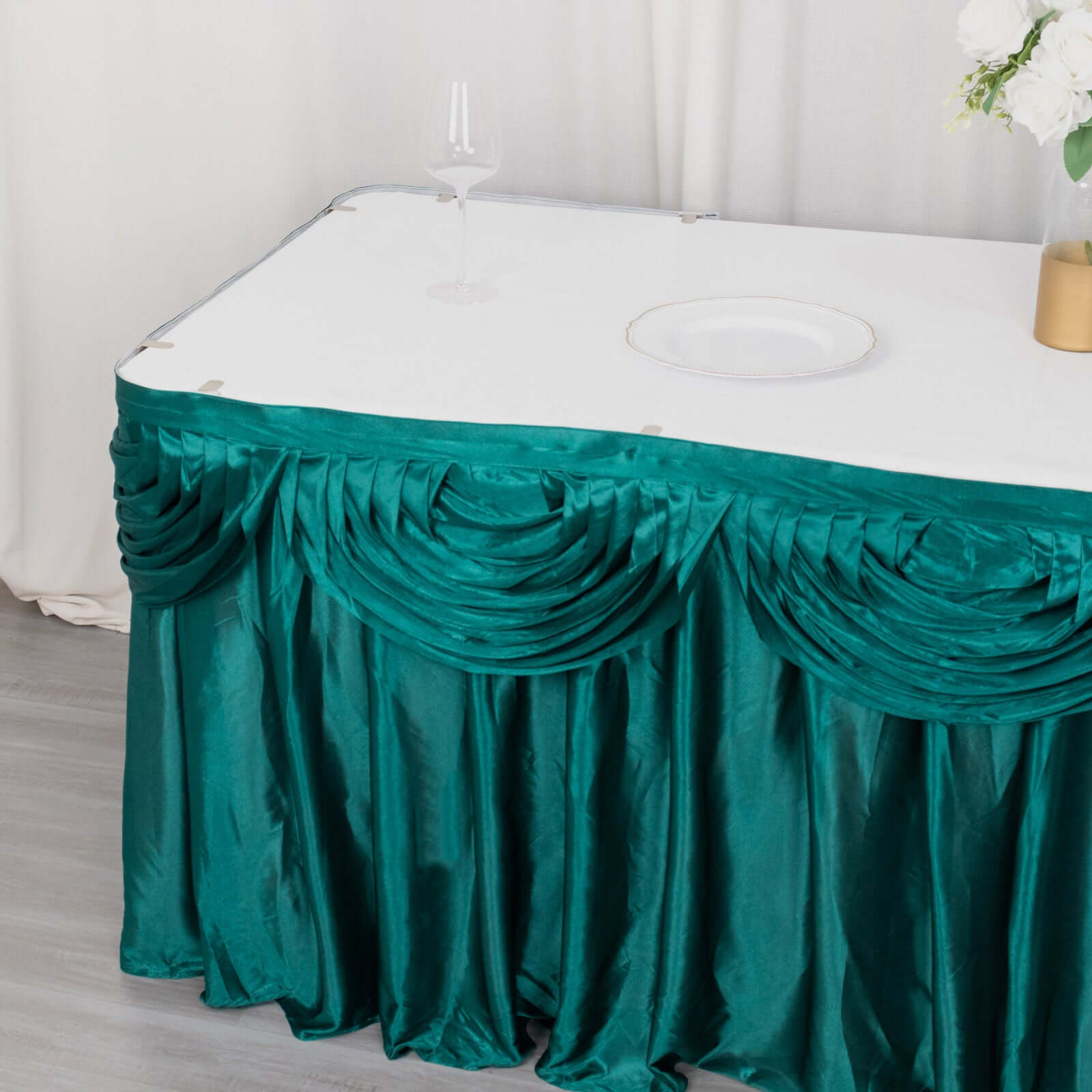 Satin 14ft Table Skirt Peacock Teal - Pleated Double Drape Table Cover