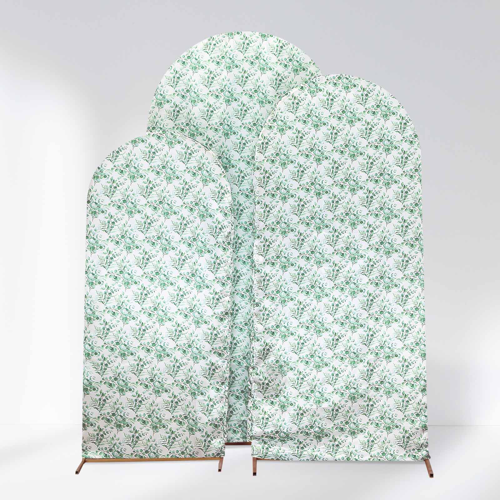 Set of 3 White Green Satin Chiara Wedding Arch Covers With Eucalyptus Leaves Print, Fitted Covers For Round Top Backdrop Stands - 5ft,6ft,7ft