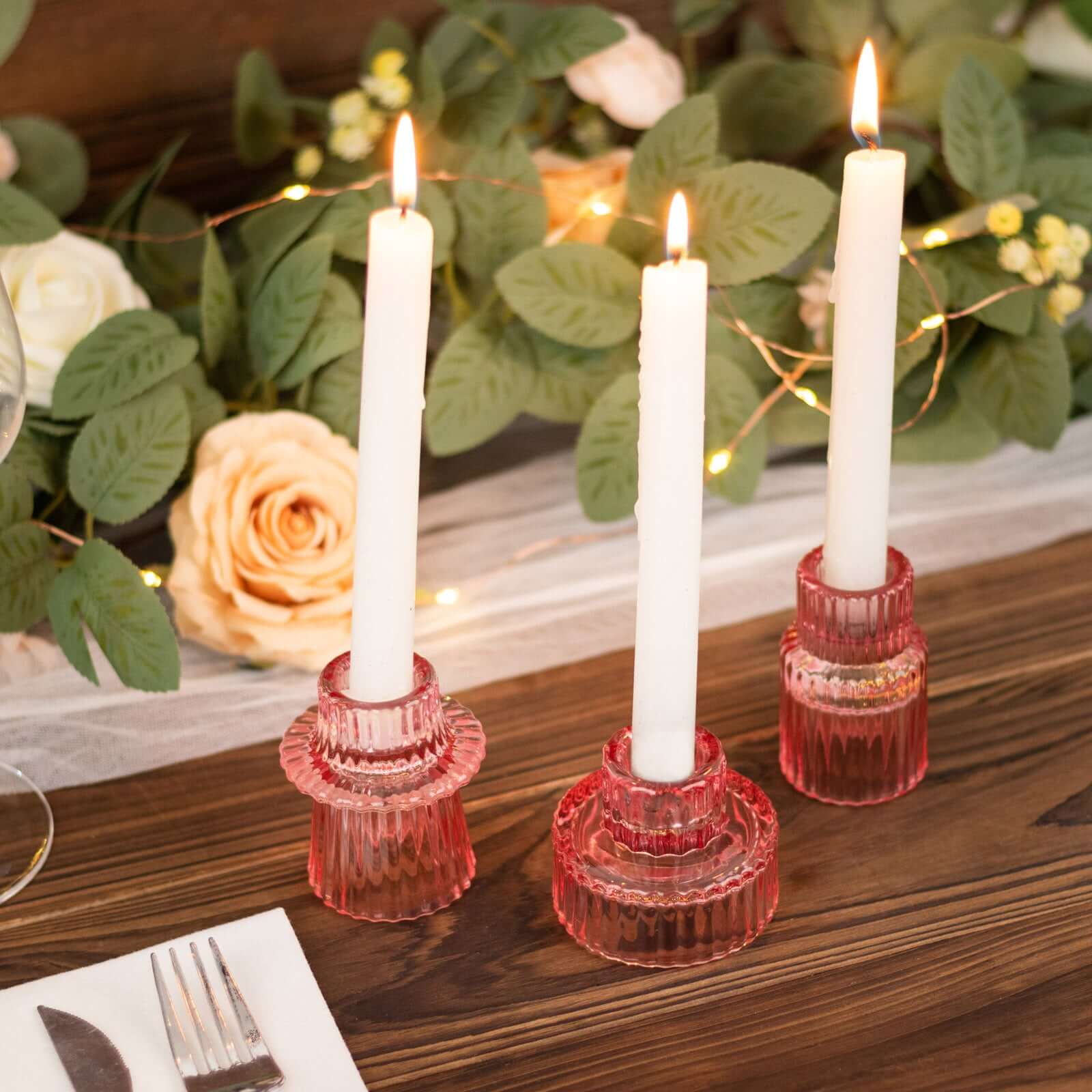 Set of 6 Glass Taper Candle Holders Ribbed Crystal Design Pink - Reversible Mini Votive Tealight Stands 3