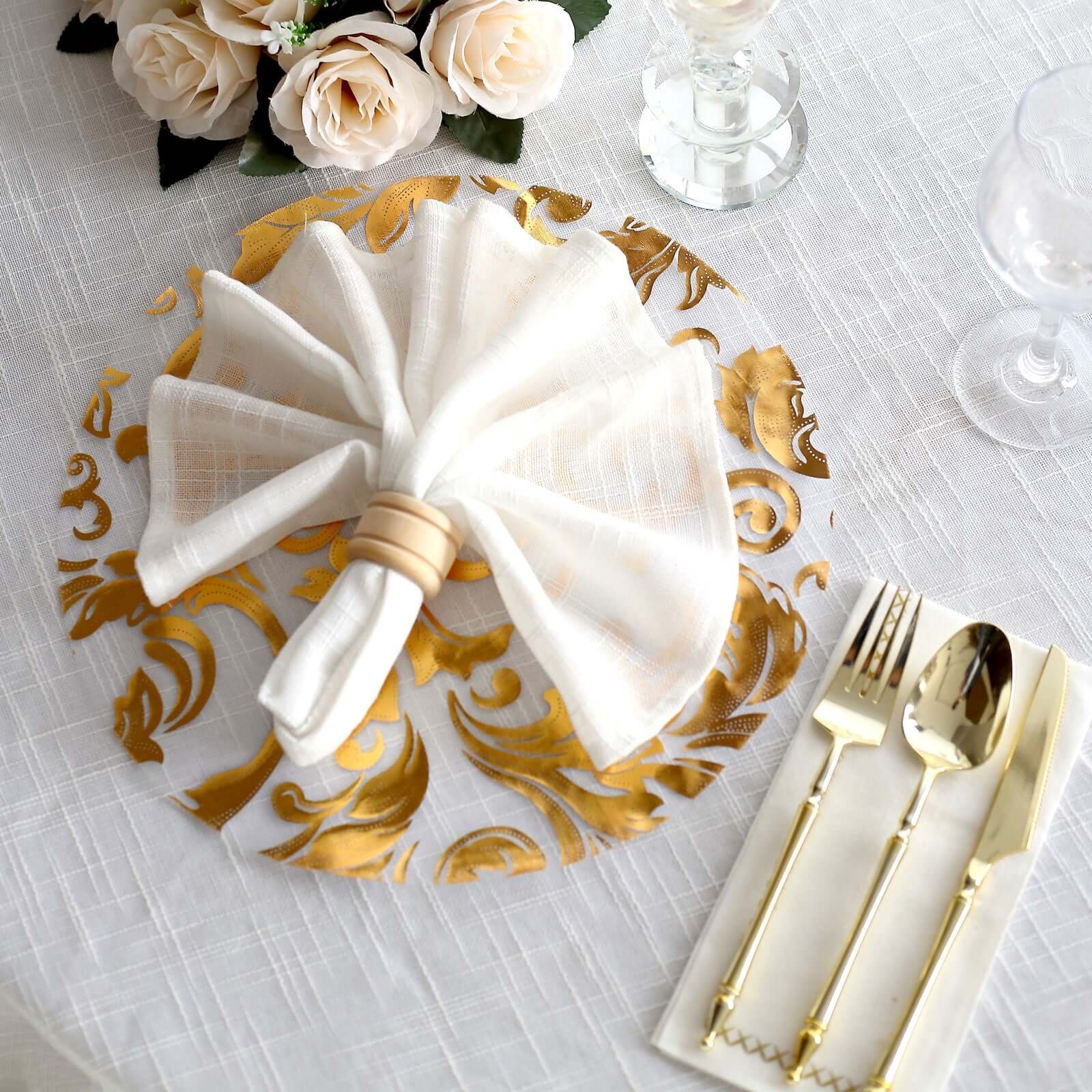 10-Pack Table Placemats Swirl Foil Floral Design Metallic Gold Round - Sheer Organza Disposable Mats 13