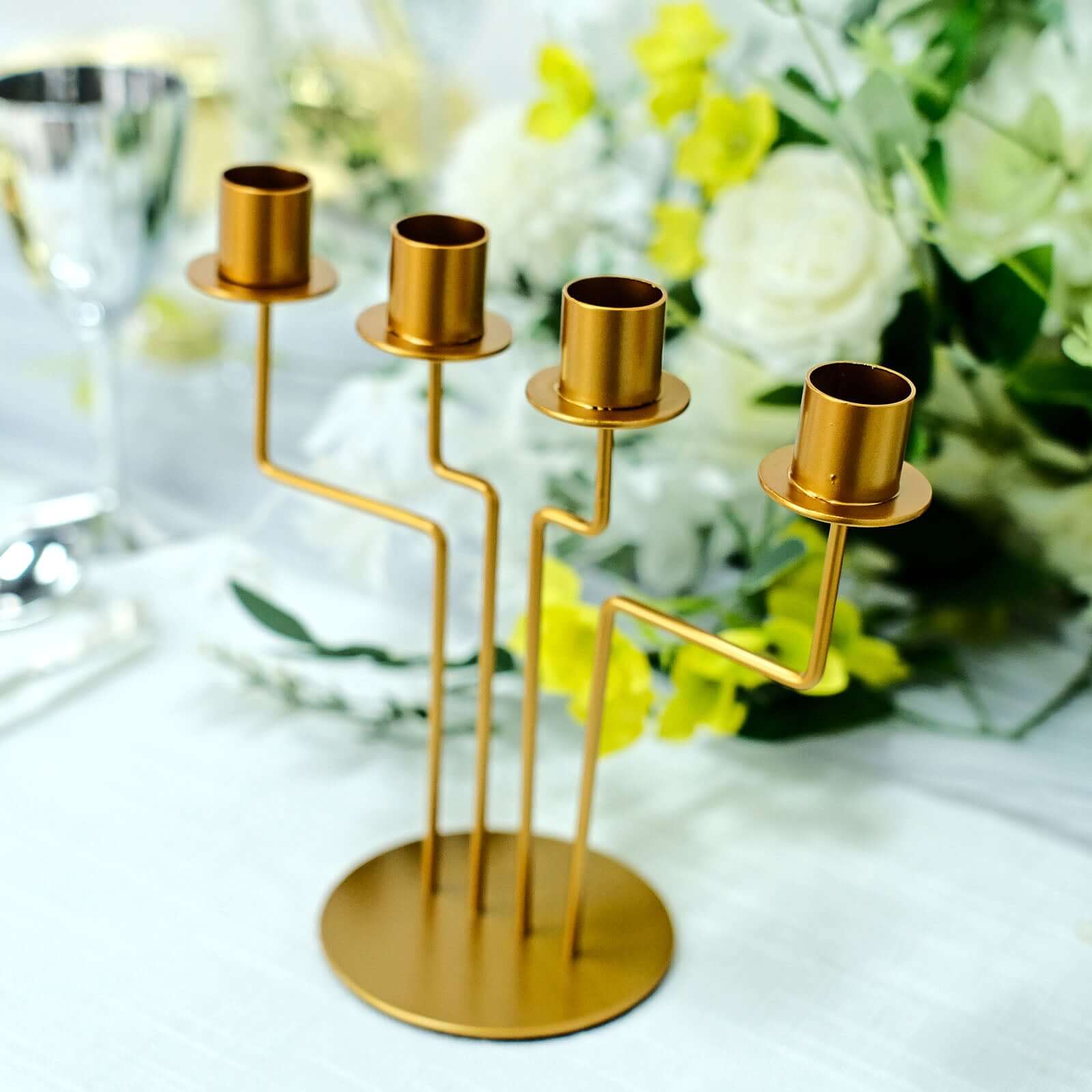 2-Pack Geometric Taper Candelabra 4 Arm Design Gold Metal Decorative Centerpiece - Perfect for Events 8