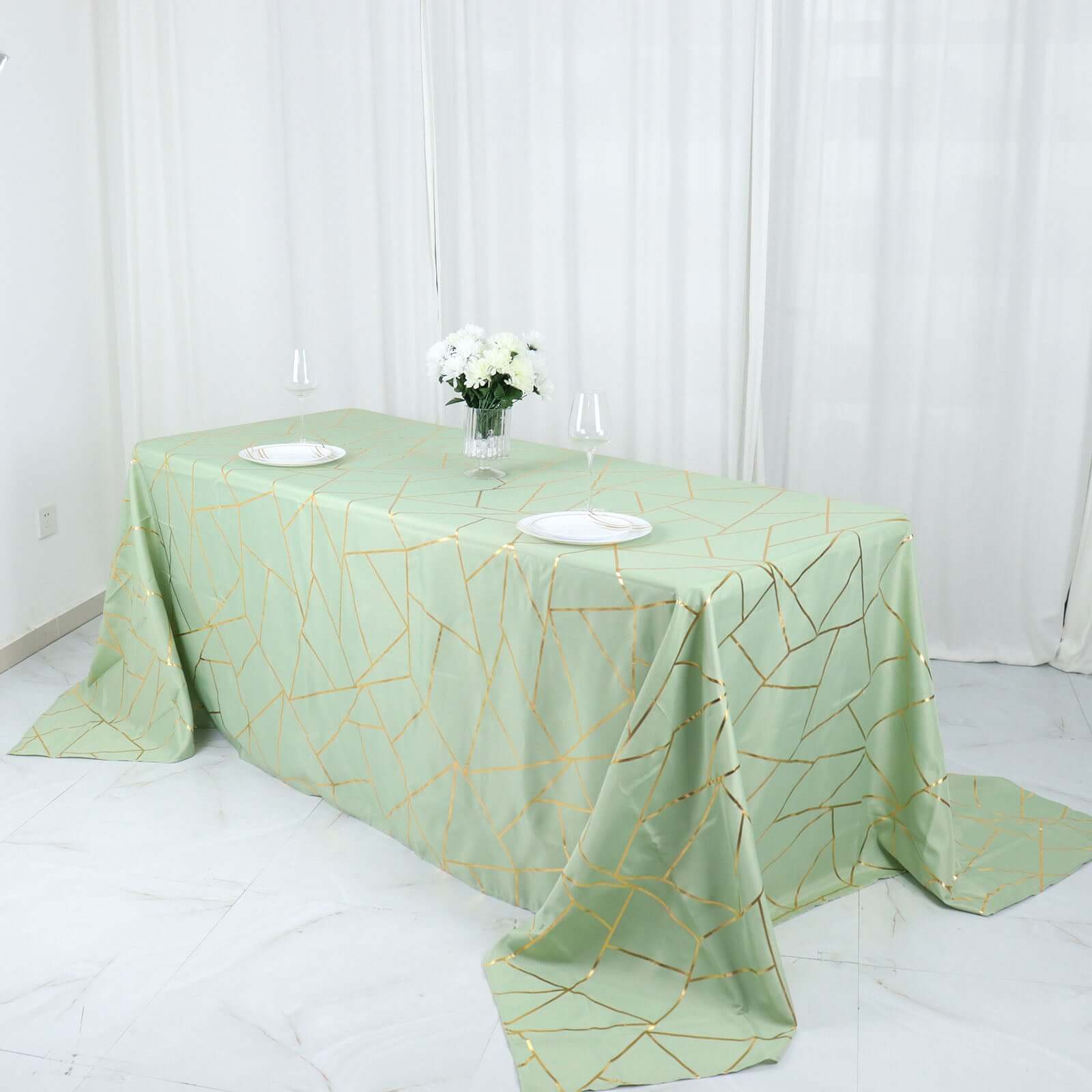 Polyester 90x132 Rectangle Tablecloth Sage Green with Gold Foil Geometric Pattern - Wrinkle-Resistant Seamless Table Cover