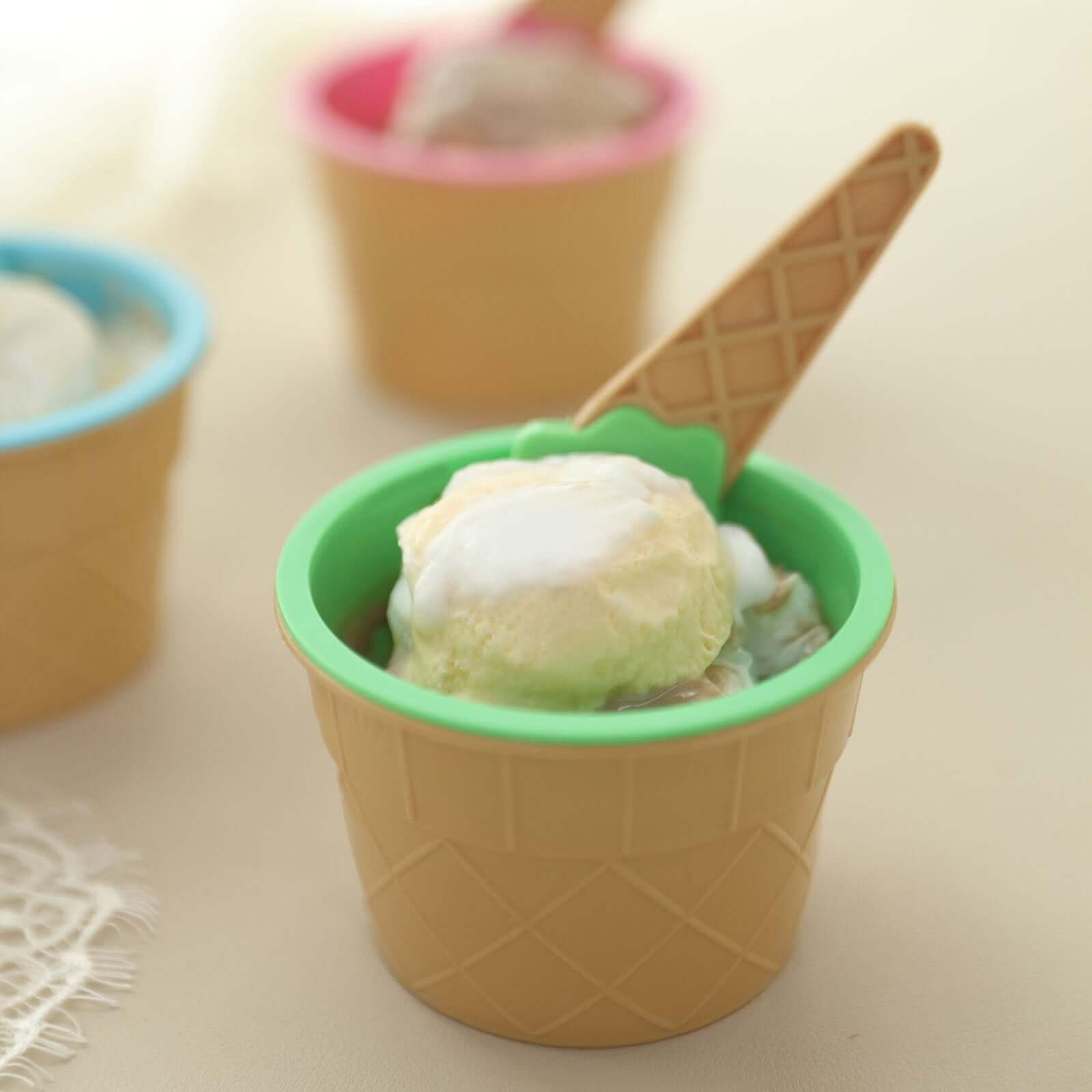 Set of 6 Plastic Dessert Cups Waffle Design Blue, Green, Pink - Includes Matching Spoons 5oz