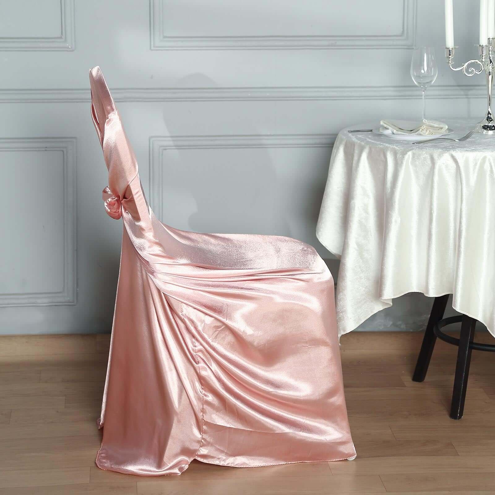 Satin Chair Cover Self-Tie Universal Design Dusty Rose - Durable Slip-On Cover for Folding, Dining, Banquet & Standard Chairs