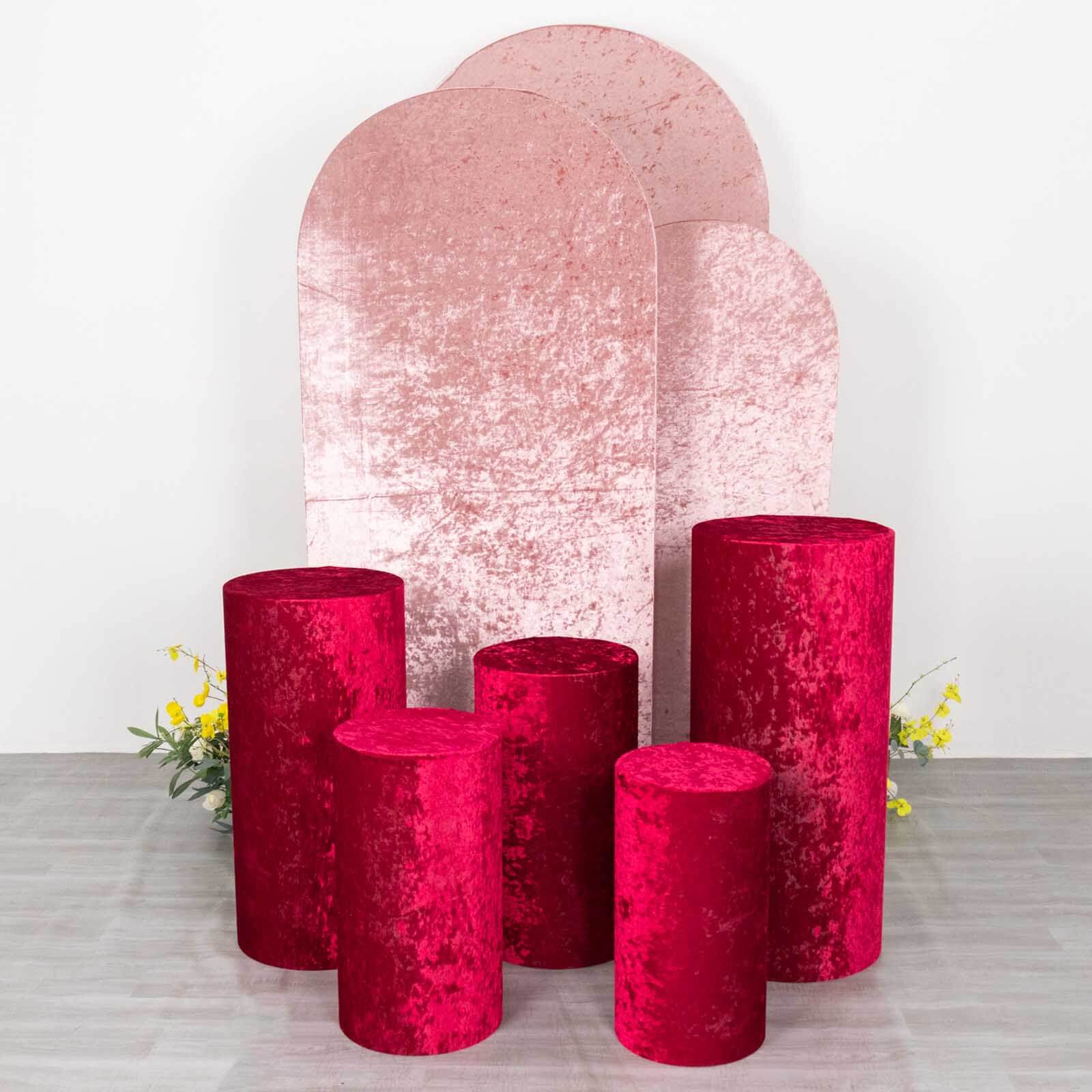 Set of 5 Red Crushed Velvet Cylinder Pedestal Stand Covers, Premium Pillar Prop Covers