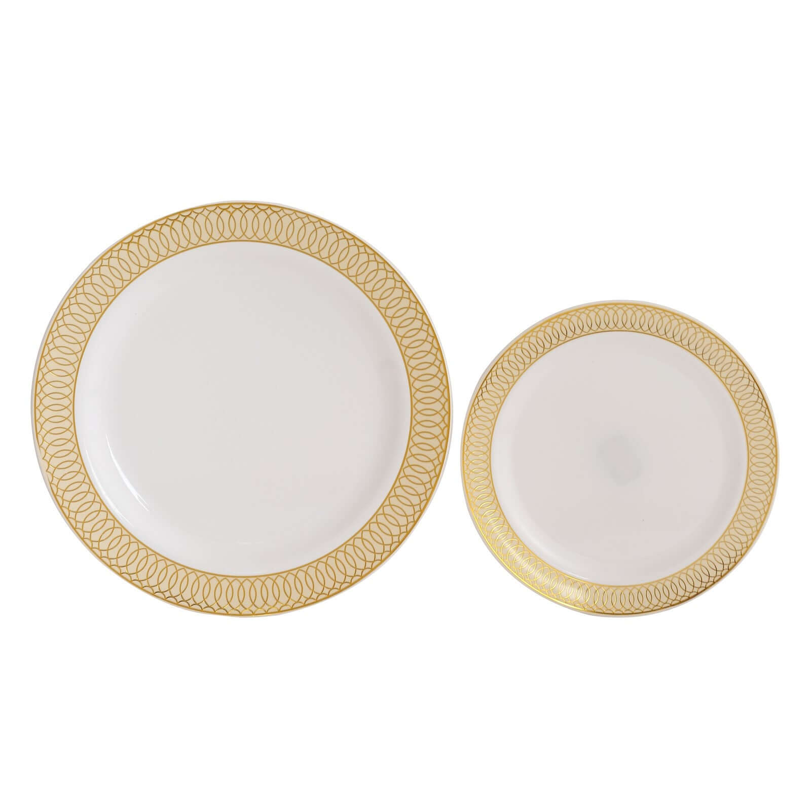 10-Pack Plastic Round Dinner Plates 10 White with Beige Gold Spiral Rim - Chic Disposable Party Plates