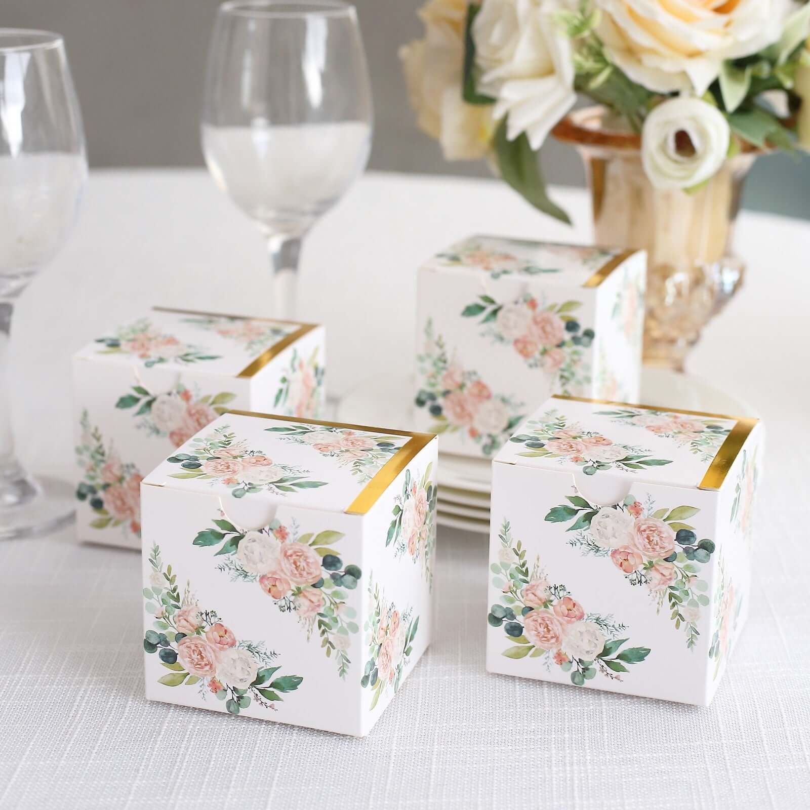 25 Pack White Pink Peony Flowers Print Paper Favor Boxes with Gold Edge, Cardstock Party Shower Candy Gift Boxes - 3x3x3