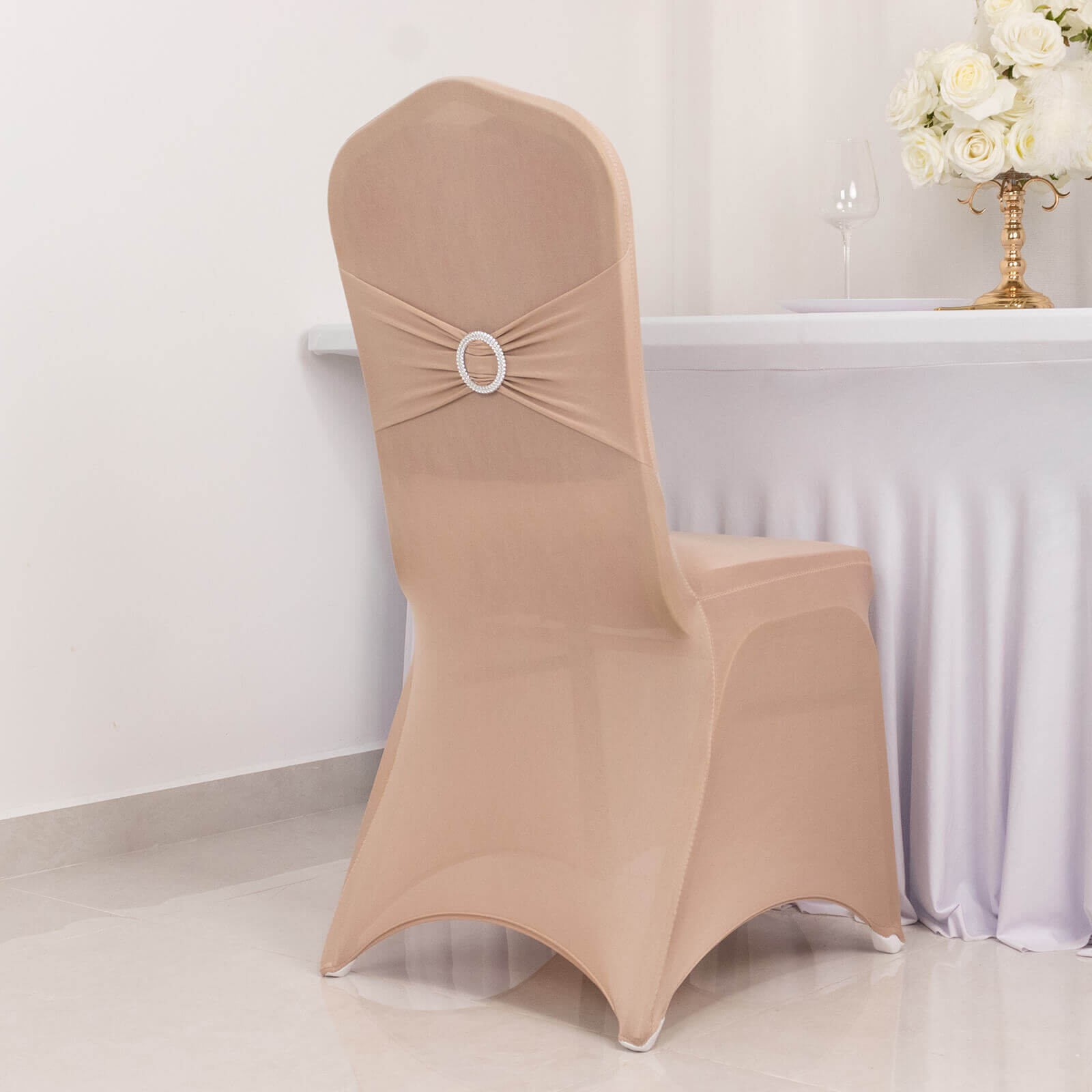 Spandex Chair Cover with Nude Rhinestone Buckled Sash Band Blush - Stretch Fitted Slipcover