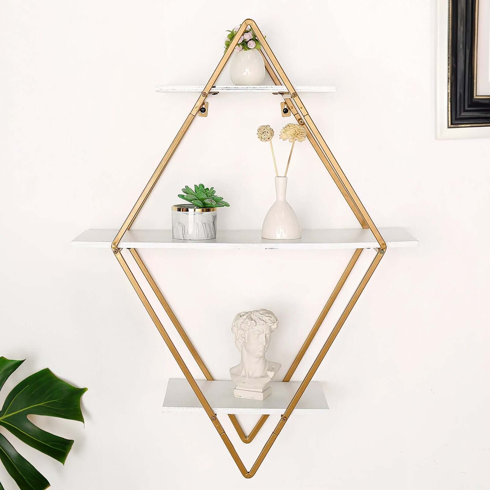 31 Geometric Diamond Shaped 3-Tier Gold Metal Dessert Cupcake Stand Rack, Wall Hanging Display Shelf Display, Book Shelf With White Wood Panels