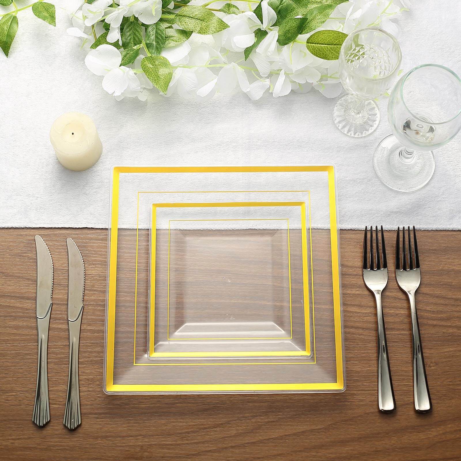 10-Pack Plastic Salad Dessert Plates Clear Square with Gold Trim - Durable Disposable Appetizer Plates 7