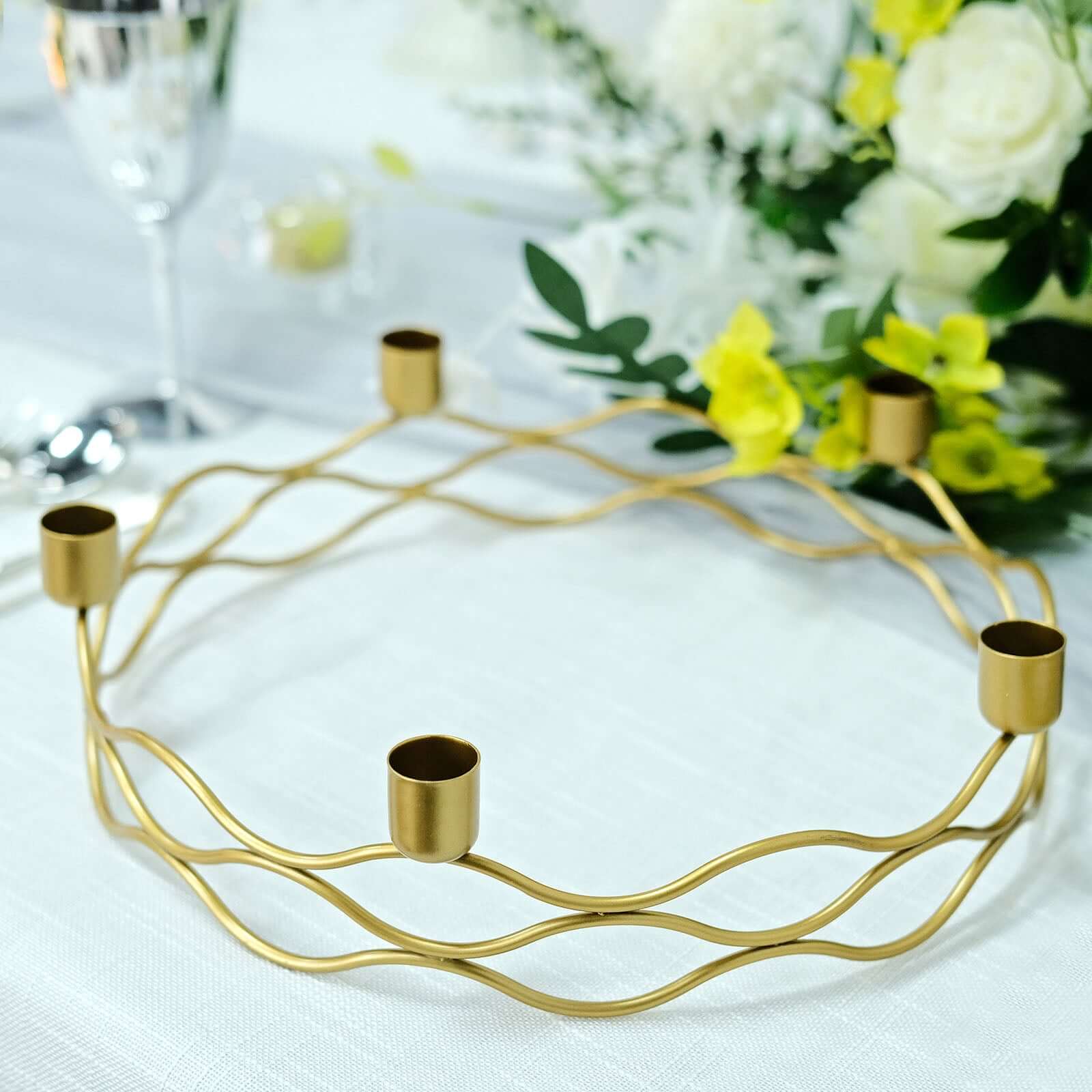 Round Wreath Taper Candelabra 5 Arm Gold Metal Decorative Centerpiece - Tabletop Candle Holder 12