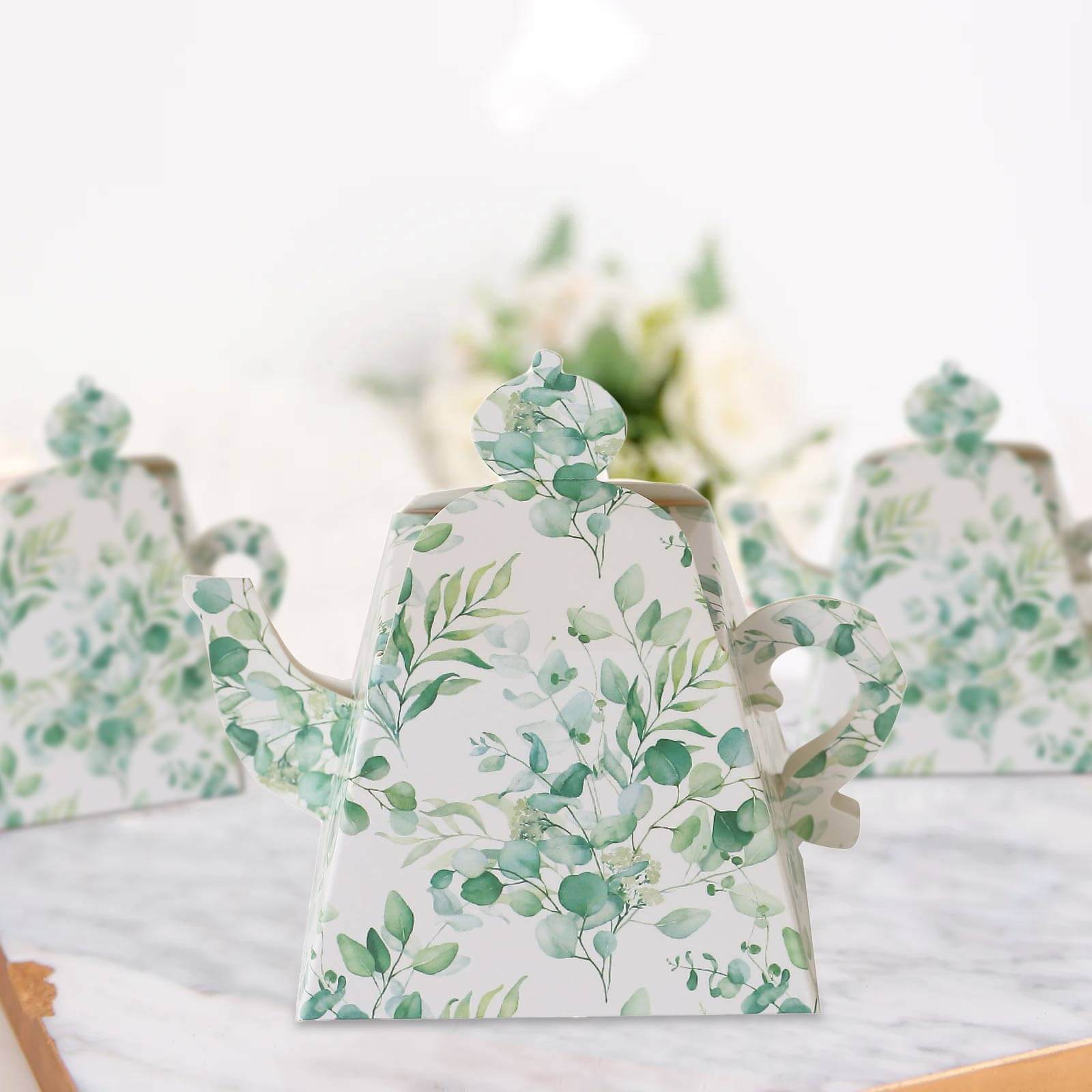 25 Pack Eucalyptus Greenery Mini Teapot Party Favor Boxes, Tea Time Gift Boxes - 5x4