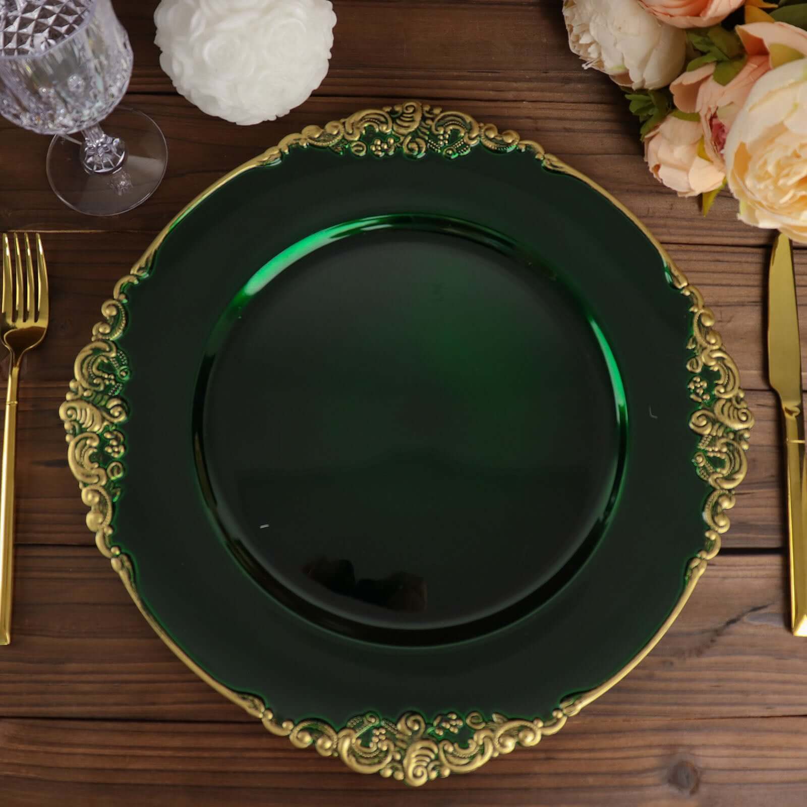 6-Pack Acrylic Round Charger Plates 13 in Hunter Emerald Green with Gold Embossed Baroque Rim, Antique Decorative Dinner Party Charger Tableware