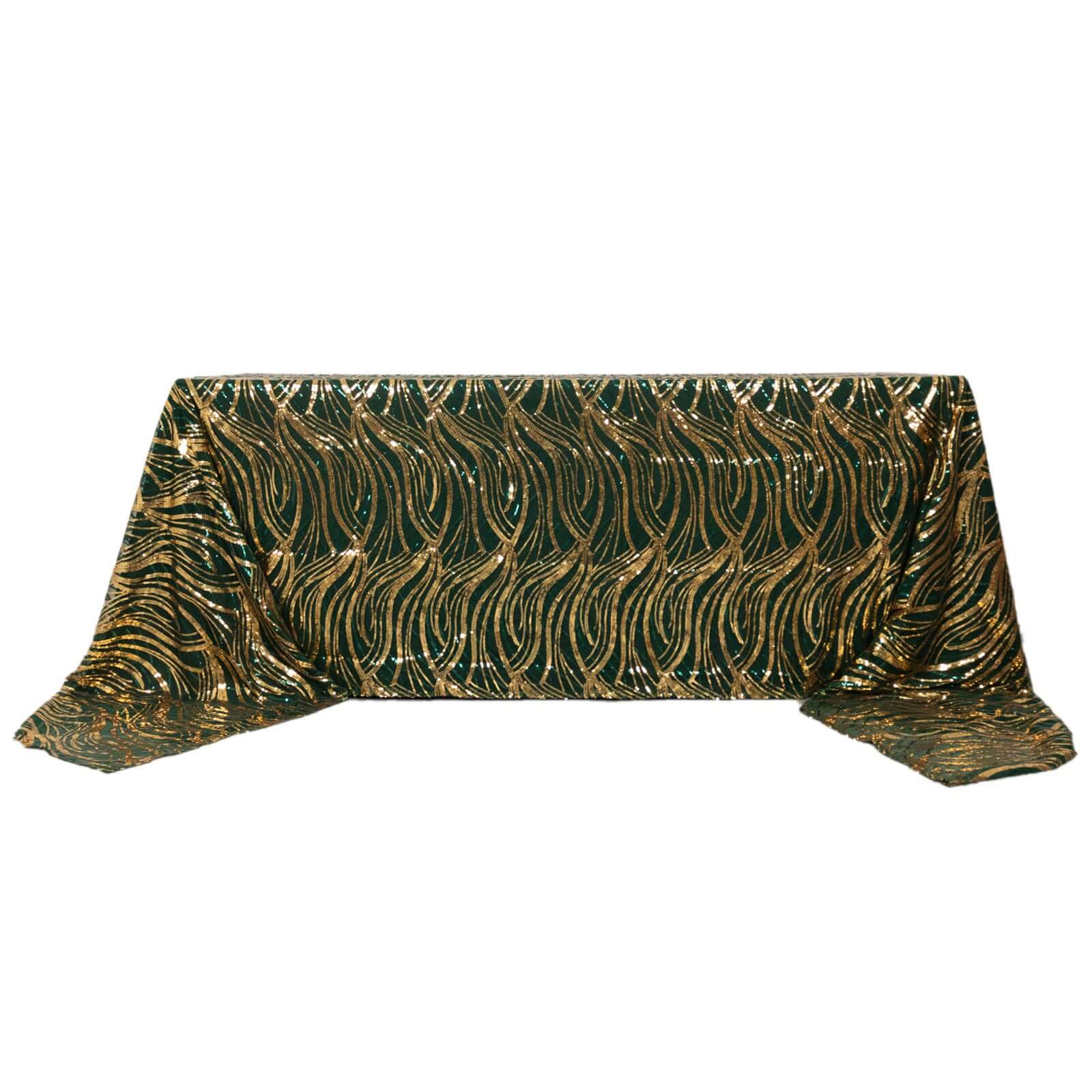 Mesh 90x156 Rectangle Tablecloth Hunter Emerald Green/Gold - Wave Sequin Embroidered Table Cover