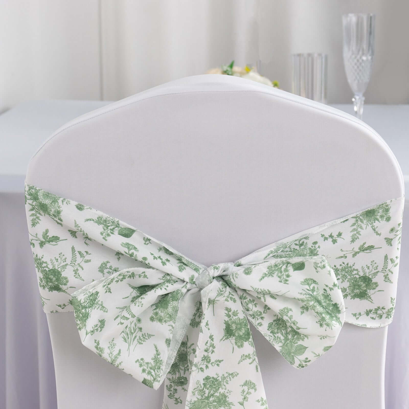 5 Pack Polyester Chair Sashes Dusty Sage Green French Toile Floral Design - Stylish Durable and Reusable Chair Bows 6x108