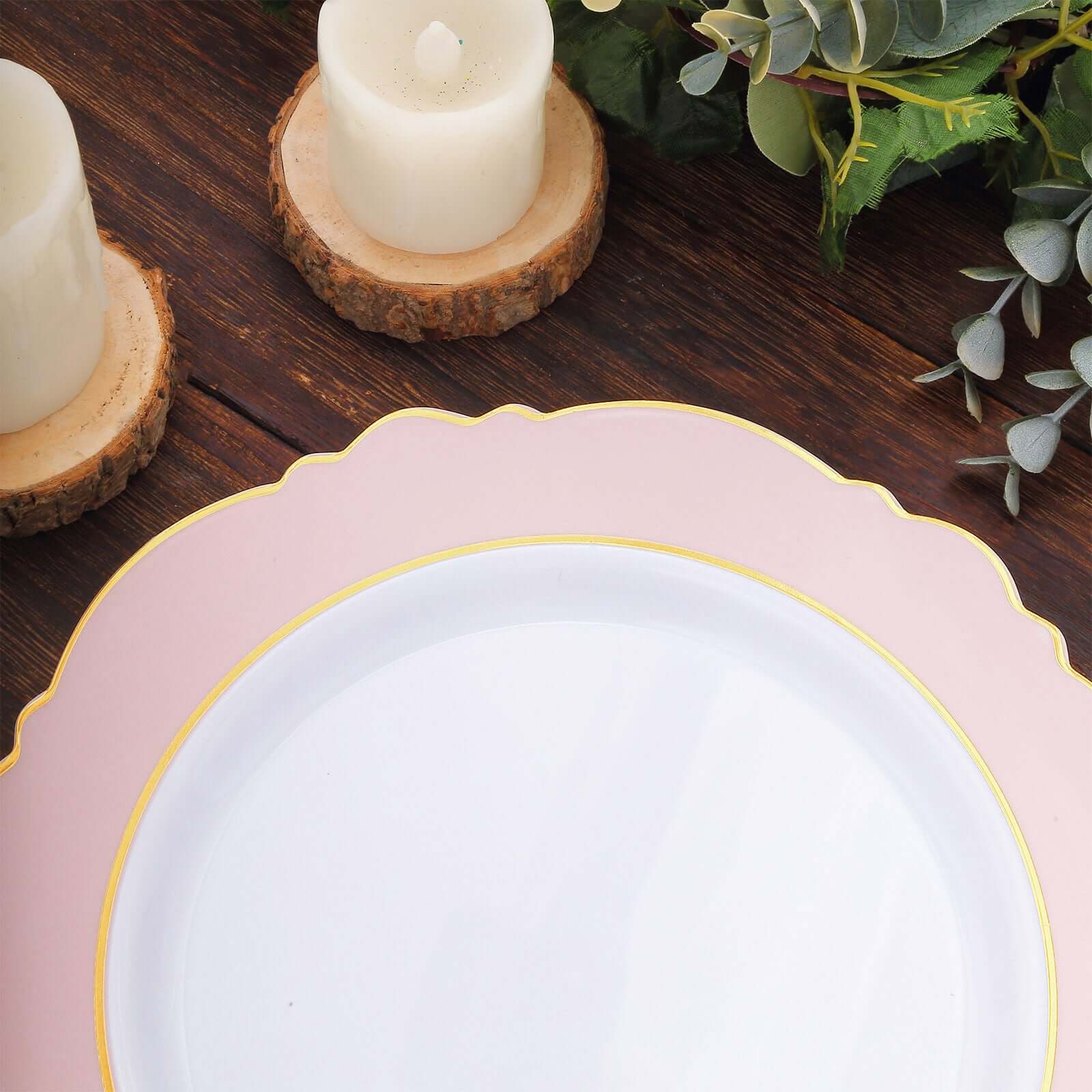 10-Pack Plastic 10 Round Dinner Plates in White with Blush Blossom Design & Gold Edging - Disposable Party Plates