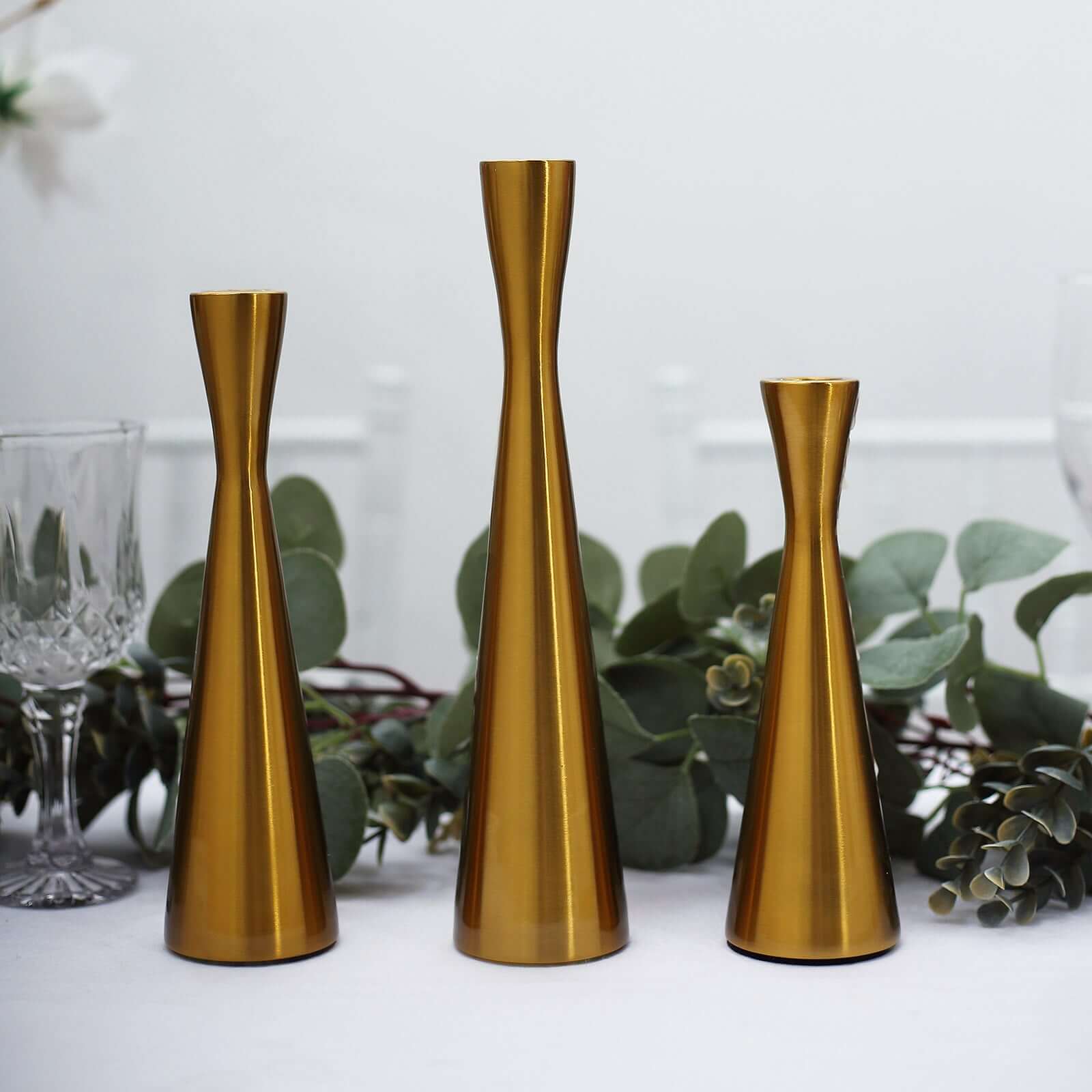 Set of 3 Hourglass Taper Candle Holders Gold Metal Nordic European Design - Tabletop Decor 8, 9, 11