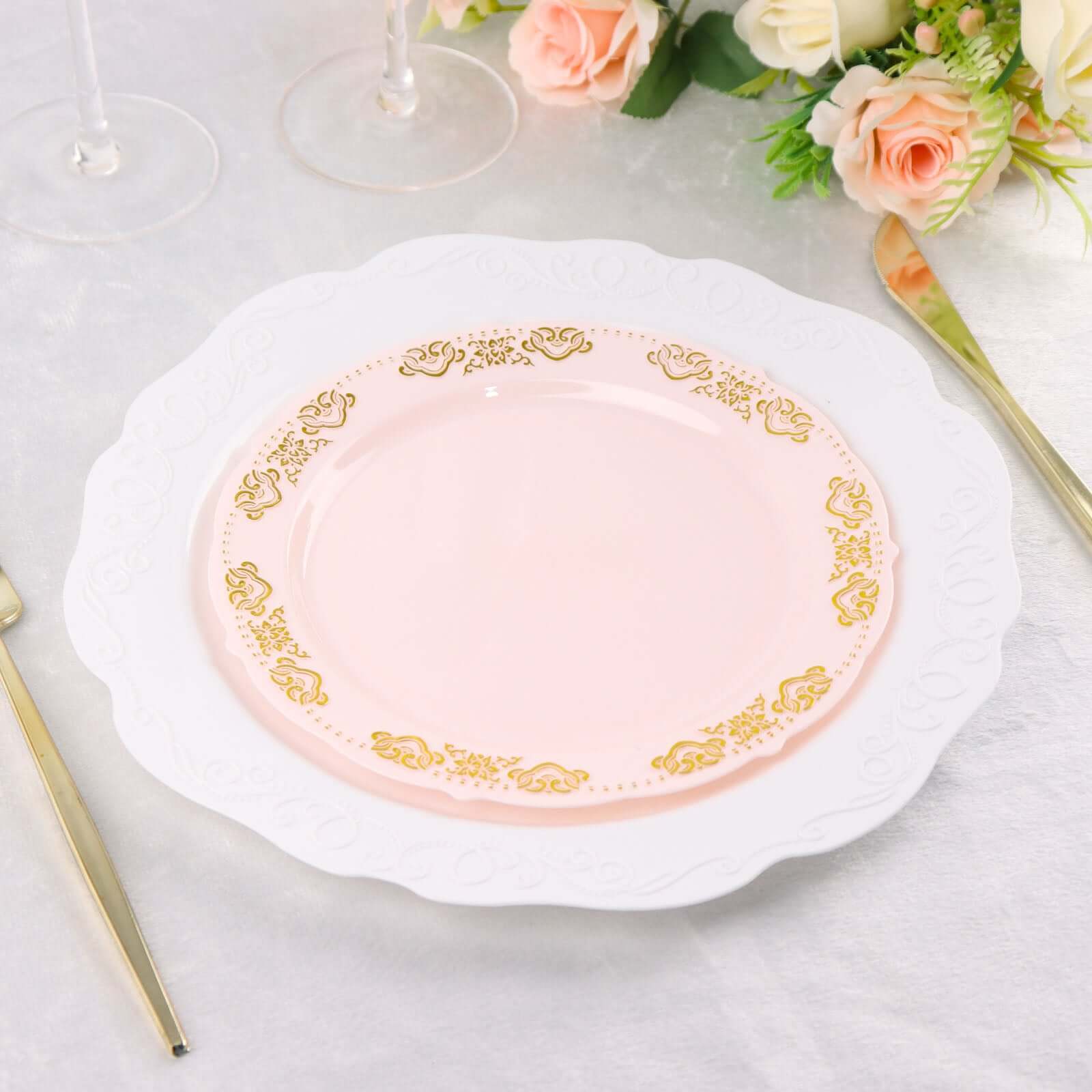 10-Pack Plastic 7.5 Round Appetizer Plates in Blush with Gold Embossed Scalloped Edge - Chic Disposable Salad Plates for Special Occasions & Banquets