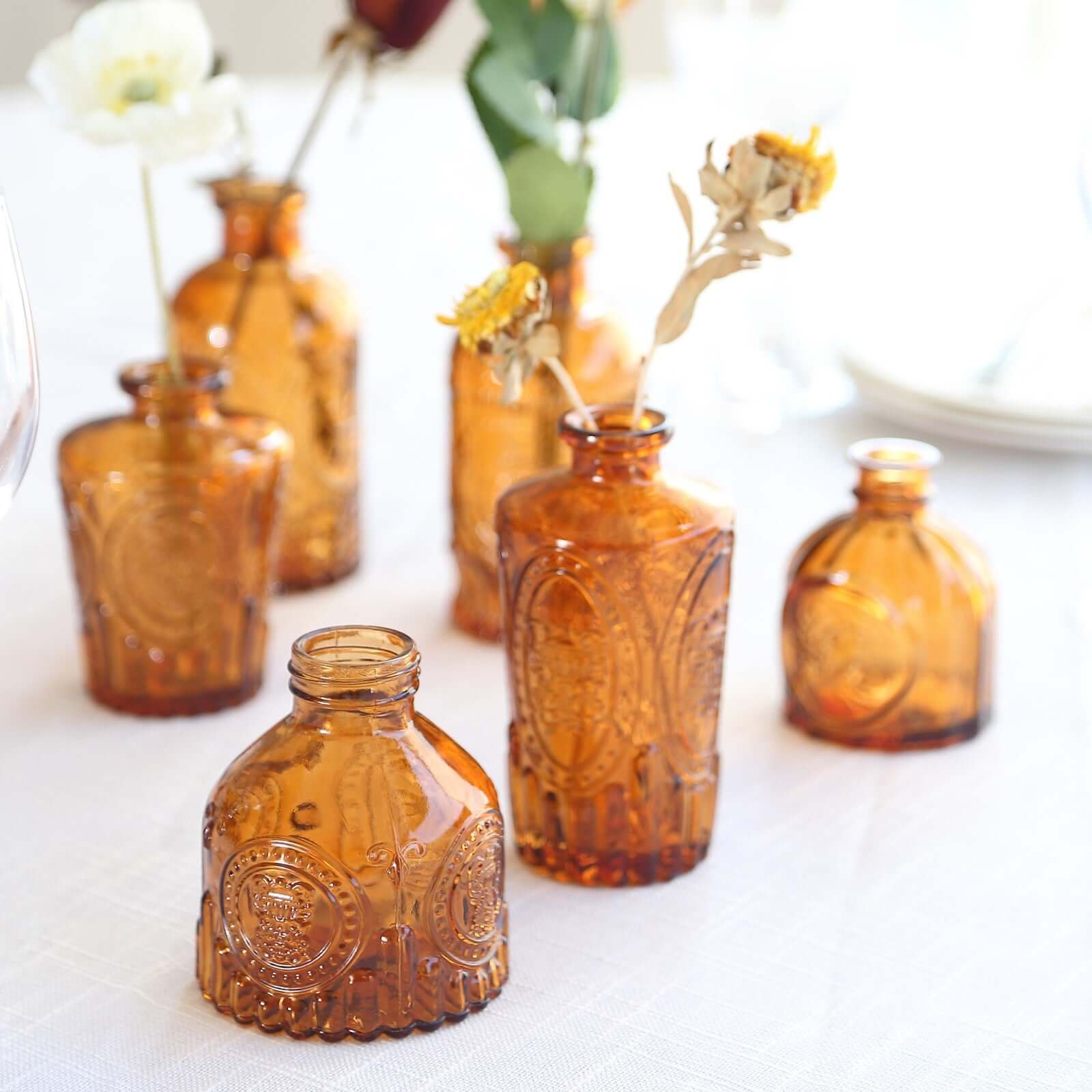 Set of 6 Embossed Glass Bud Vases Vintage Amber Gold - Apothecary Style Decorative Table Centerpieces