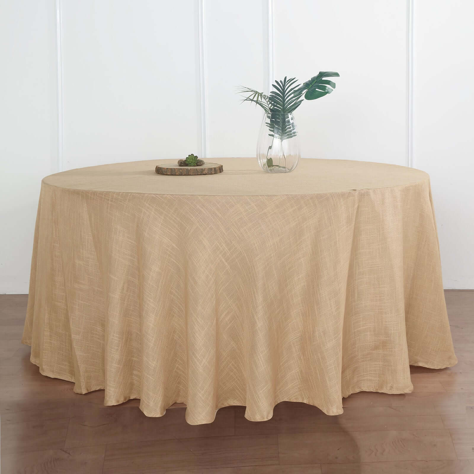 Faux Linen 120 Round Tablecloth Natural - Slubby Texture Wrinkle-Resistant Seamless Table Cover