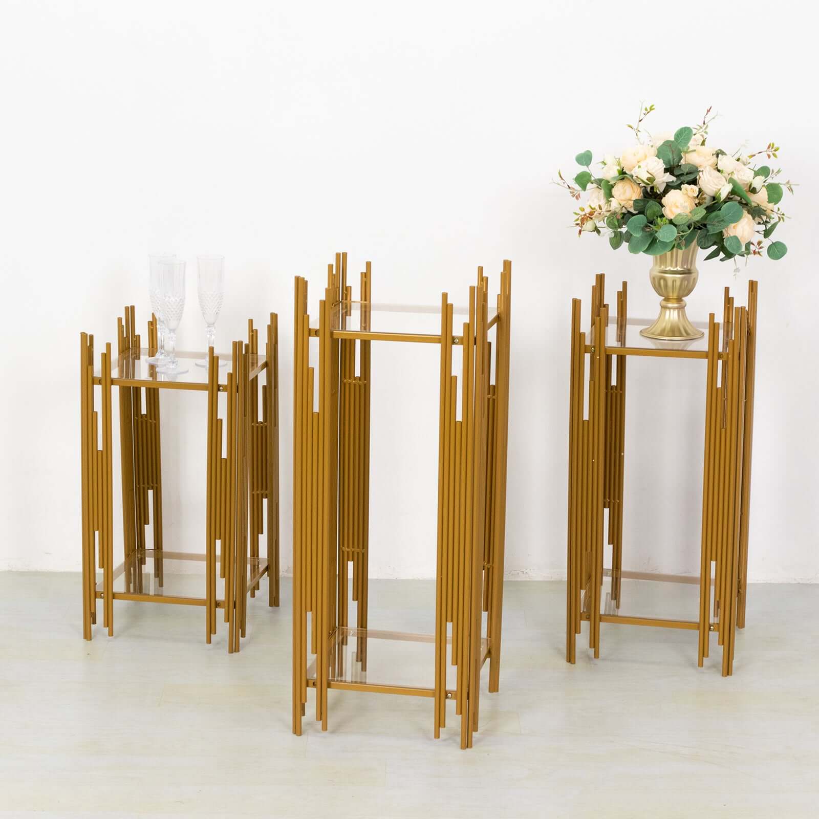 Set of 3 Wedding Pedestal Stands Square Acrylic Plate Design Gold - Metal Flower Display Plinths 26,30,34