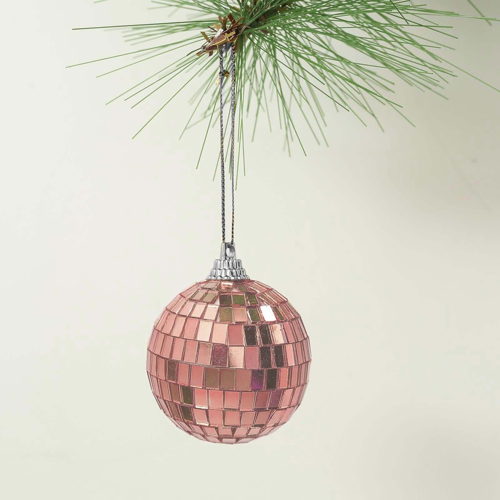 6 Pack 2 Rose Gold Foam Disco Mirror Ball With Hanging Strings, Holiday Christmas Ornaments