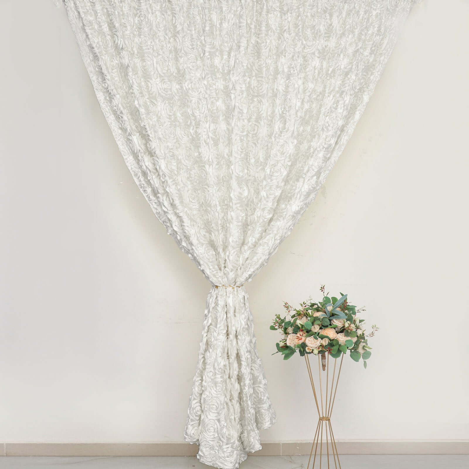 8ftx8ft Ivory Satin Rosette Event Curtain Drapes, Backdrop Event Panel