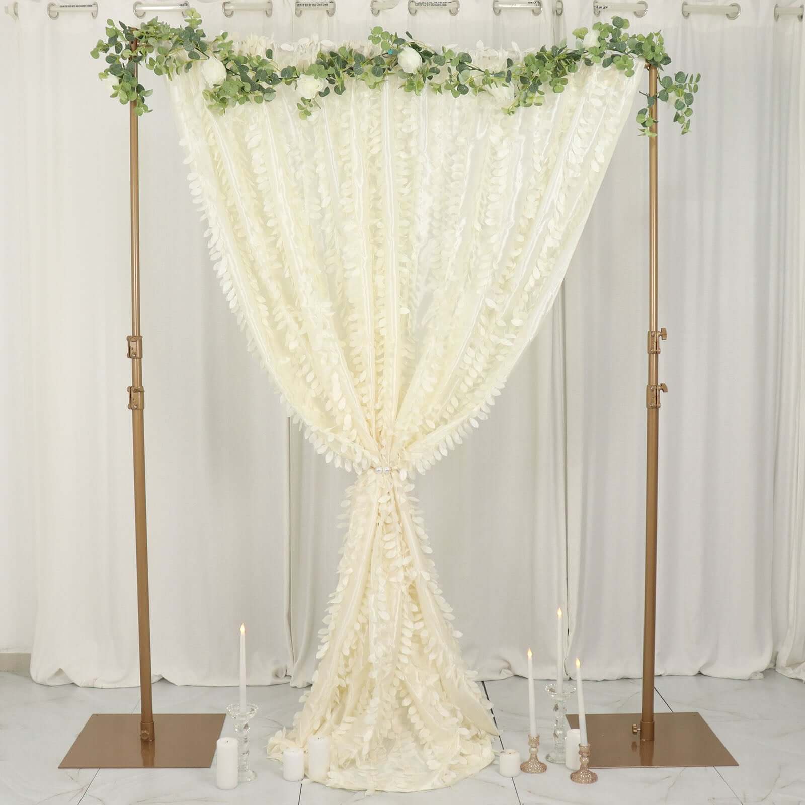 8ftx8ft Ivory 3D Leaf Petal Taffeta Event Curtain Drapes, Backdrop Event Panel With Rod Pocket