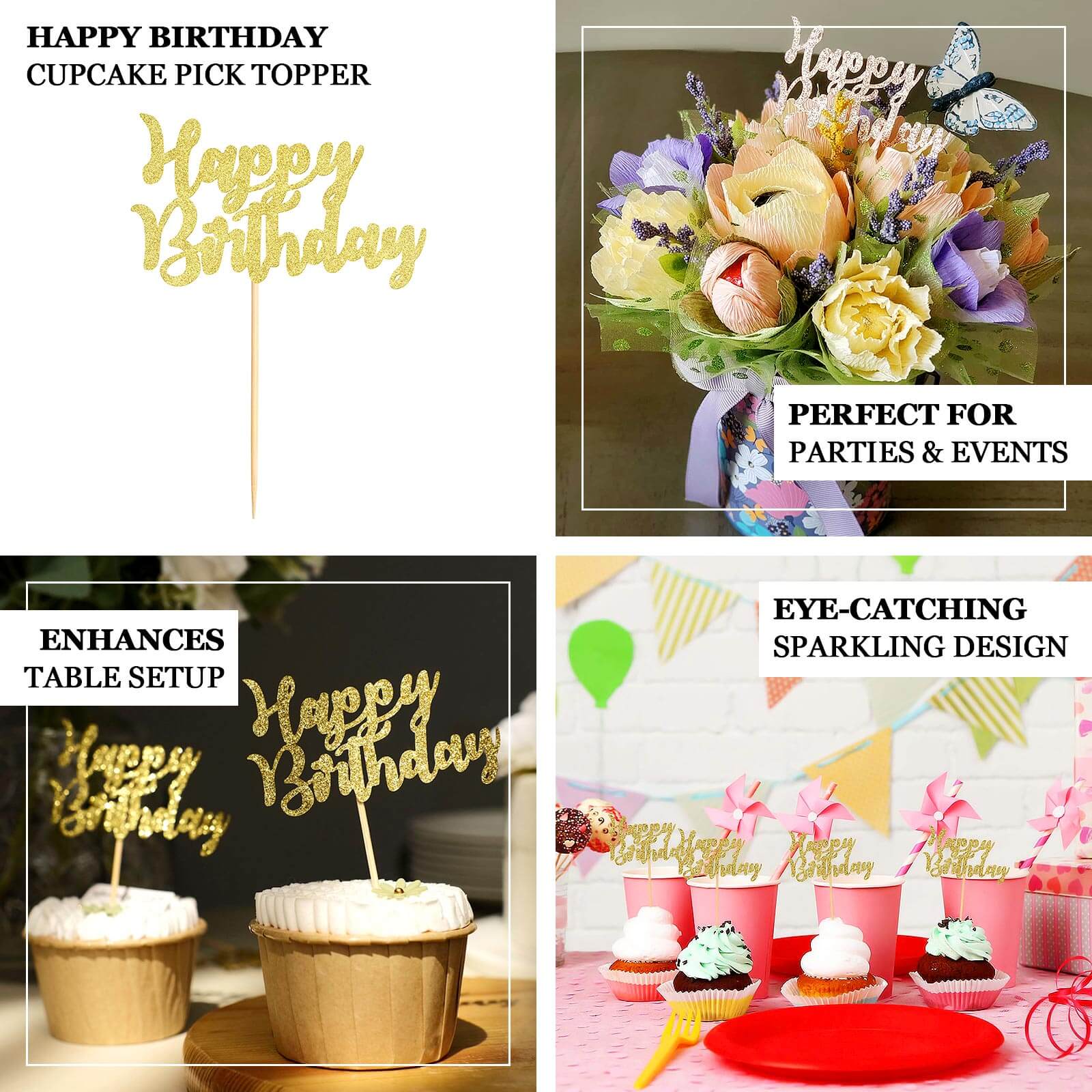 24-Pack Cupcake Toppers Happy Birthday Design Glitter Gold - Party Cake Picks Decoration Supplies